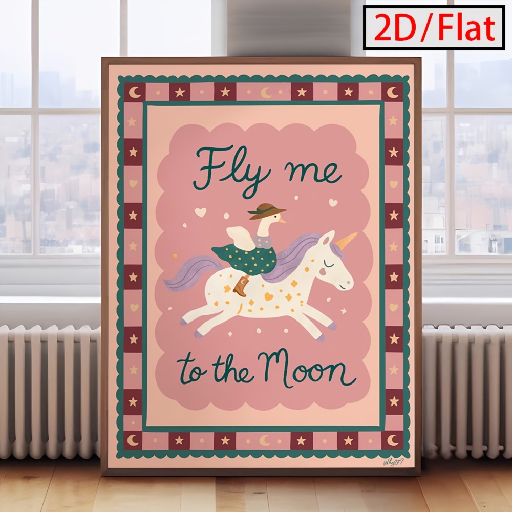 TEMU 2d Flat, 1pc Frameless Vertical Unicorn Wall Art Poster - Pink Nursery Suitable For Kids' Room Decor, Girl's Bedroom, Adhesive Backing For