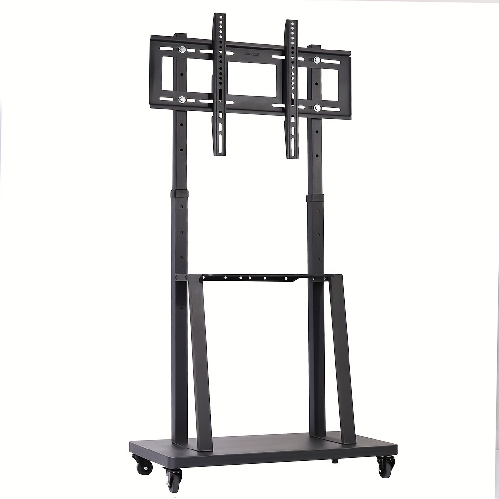 TEMU Adjustable Heavy-duty Rolling Tv Stand With Shelves - Fits 32"-80" Flat Screens, Black Metal, Up To 143 Lbs Capacity