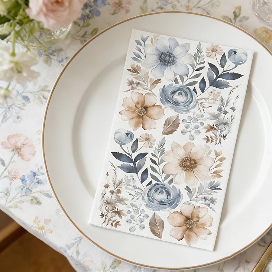 TEMU Un ensemble de 20 serviettes de table ornées de floraux et marron à , mettant en valeur des illustrations élégantes de roses bleues, argentés et