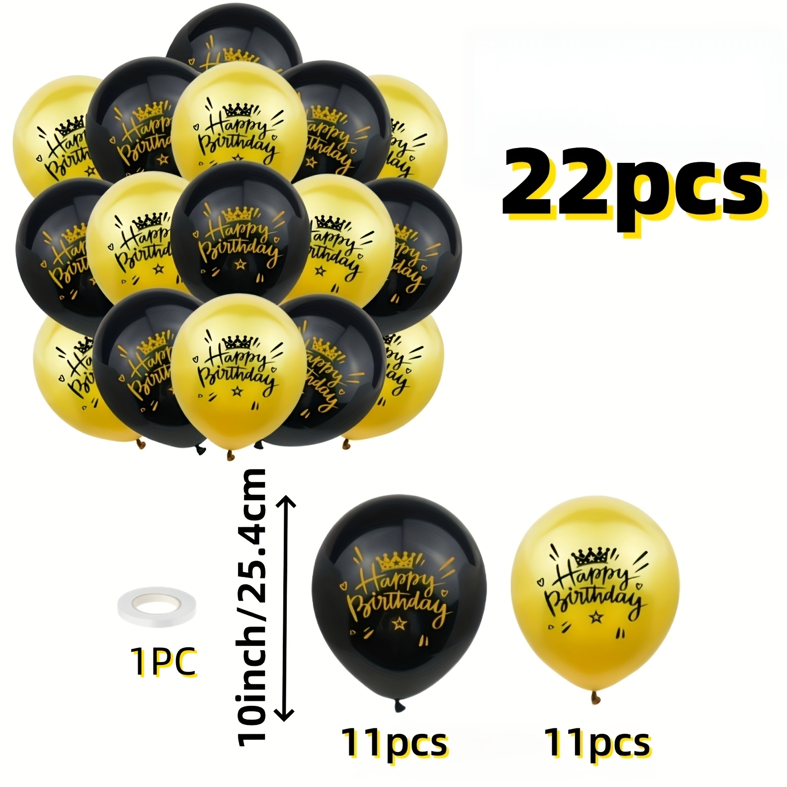 TEMU Photography Props 22 Printed Yellow And Black Latex Balloons With "happy Birthday" Font, Suitable For Photography Decoration, Still Life