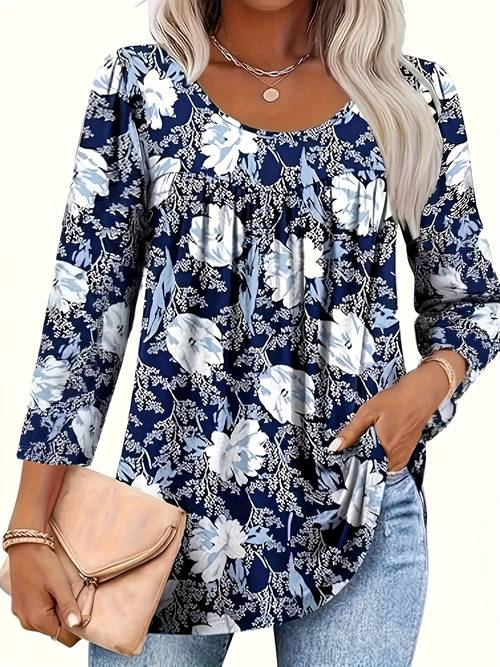elegante damenbluse in übergröße mit blumendruck brustfalten - kurzärmeliges sommer-top mit rundhalsausschnitt, gemustertes design, maschinenwaschbar, reguläre passform, freizeit- bis formelles hemd, 3/4-ärmel-bluse, dekoratives brustedetail, stilvolle freizeitkleidung