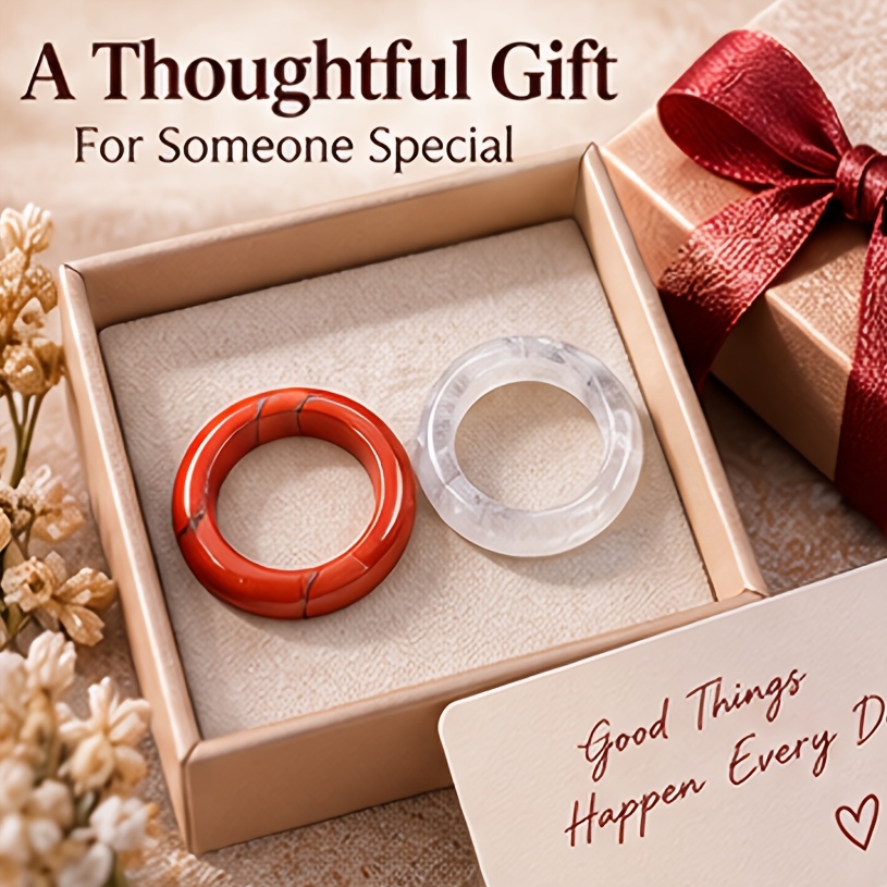 2pc Red Jasper & White Quartz Ring Set, Elegant Bands