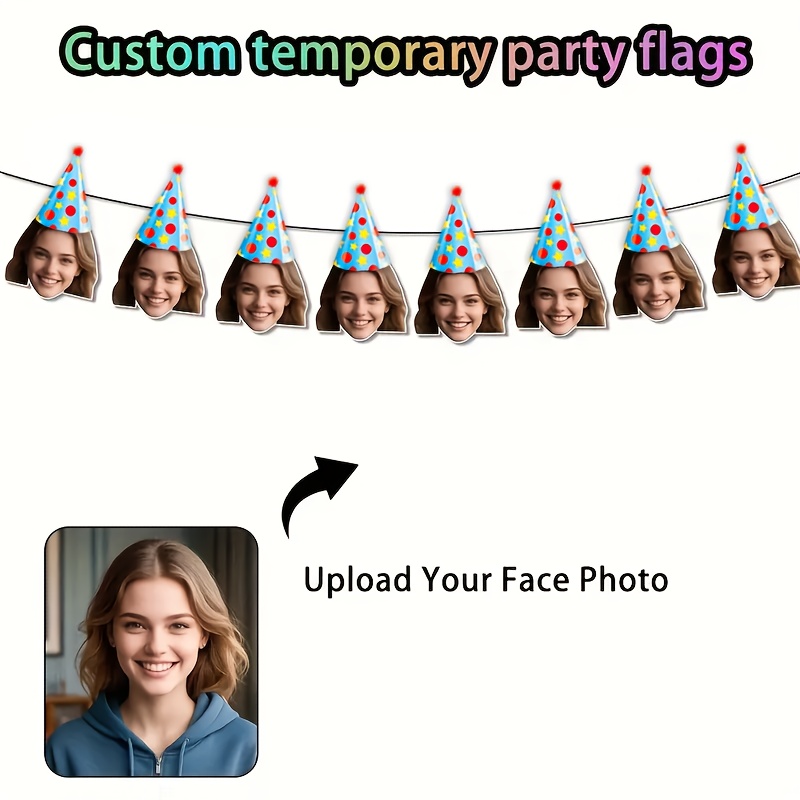 TEMU 8 Personalized Birthday Hats With Colorful Banners, Custom Face Banners, Party Decorations, Face-themed Wreath Decorations, And Happy Birthday