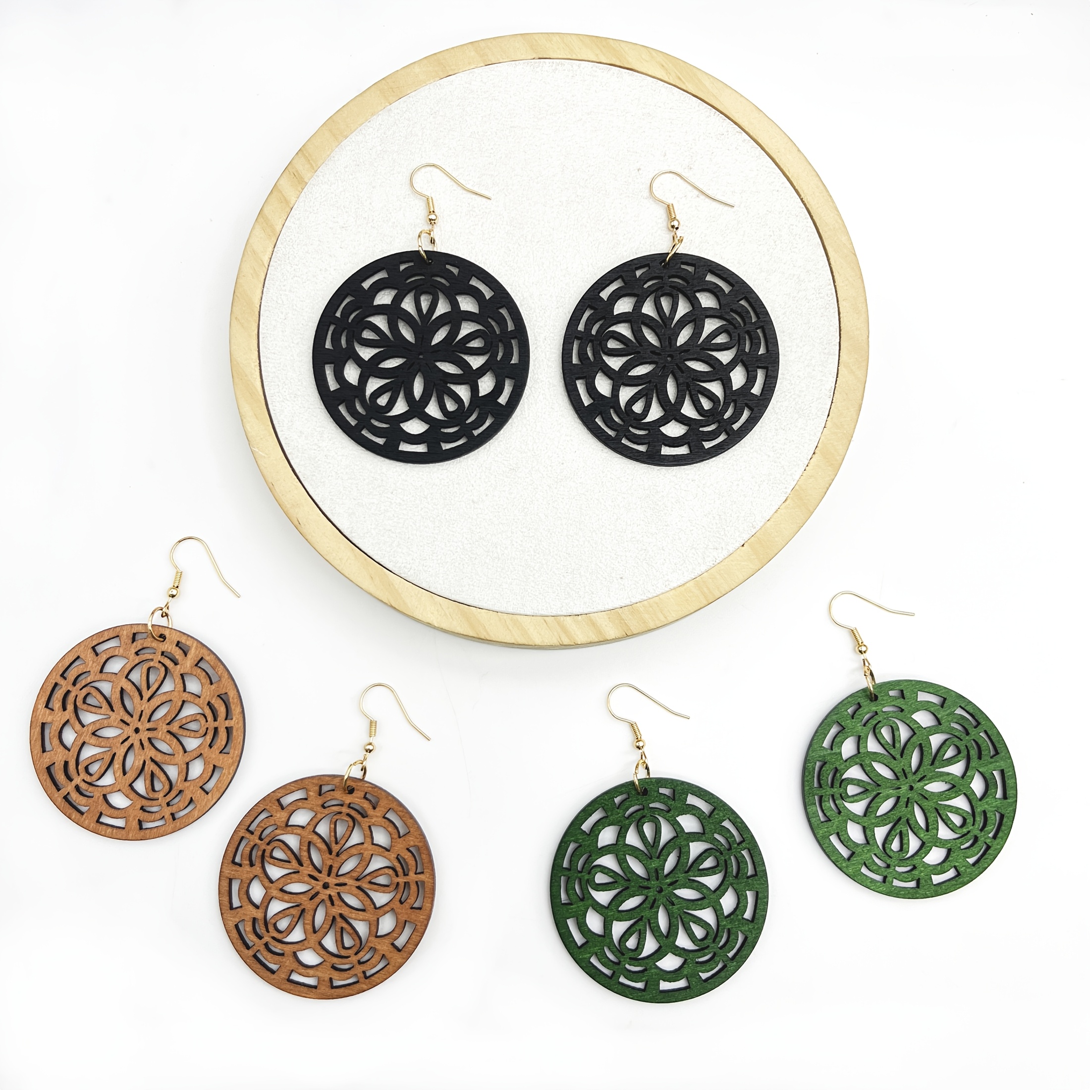 Vintage Boho Wooden Earrings Retro Floral Pattern Iron Post