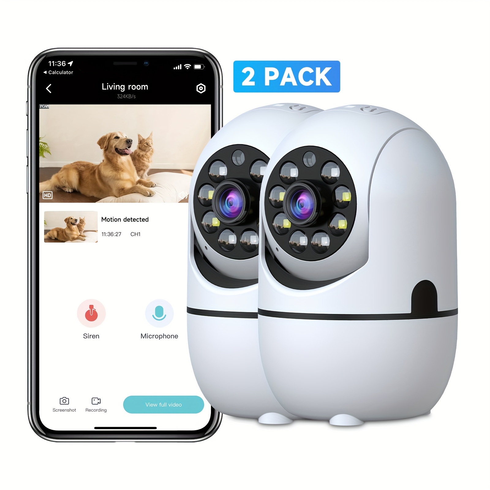 

2pcs 1080p Indoor Camera, Home Security, 355° , Suitable For And Pet Monitoring, Motion Detection, Night Vision, Voice, 2.4g Wifi, Storage And 256g Tf Card Recording, Support