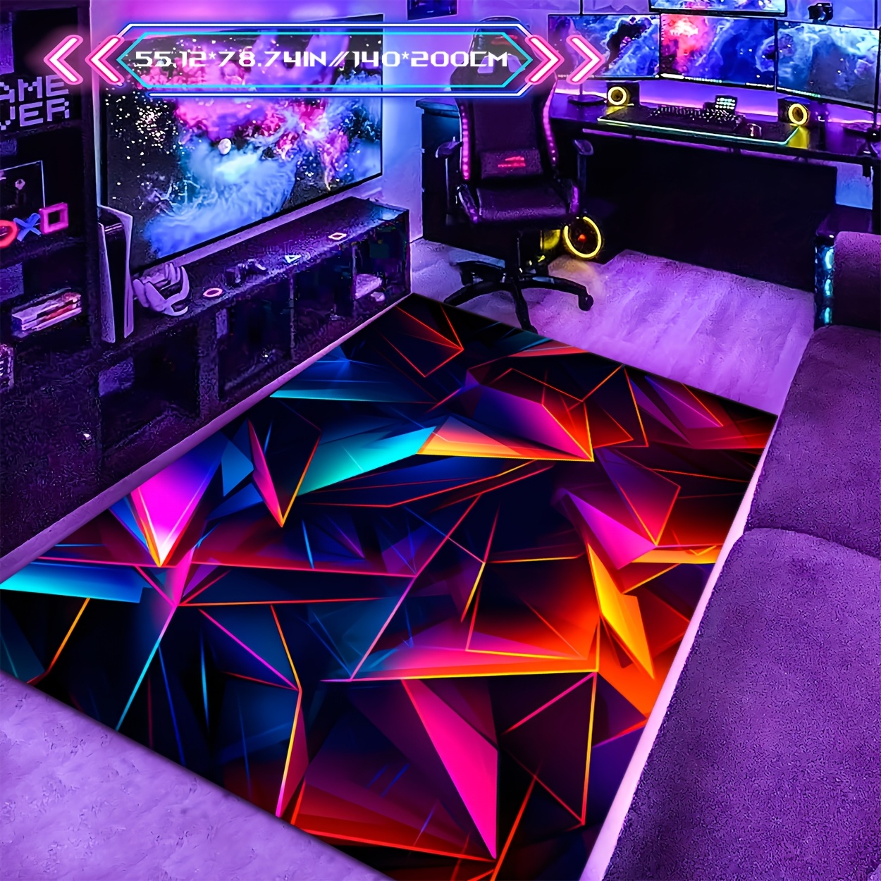 TEMU Zulida Vibrant Gaming Room Mat - Non-slip, Machine Washable Polyester Mat With Cool Geometric Patterns, Ideal For Bedrooms, Living Rooms, And