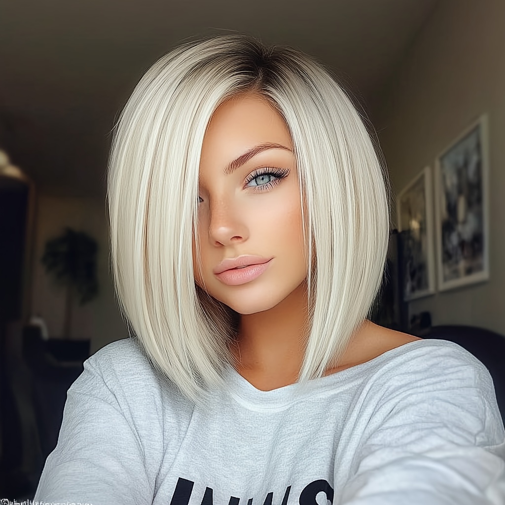 TEMU Perruque Bob Coupé Blond Platine avec au , Dentelle Frontale 4x1U, , Bonnet en Filet Rose Confortable et Naturel, Parfaite pour les Fêtes, le