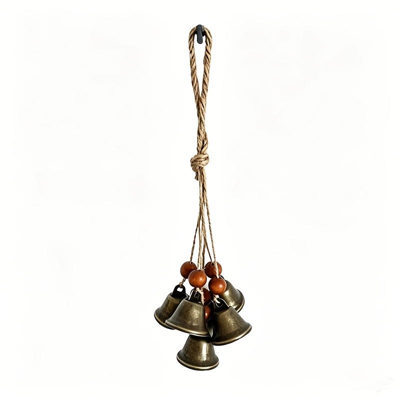 TEMU 's Bell On A Hemp Rope, Handmade Protective Device For ' Handle, Featuring 6 Ancient Golden Wooden Beads And 6 Bells. Very Suitable For Outdoor