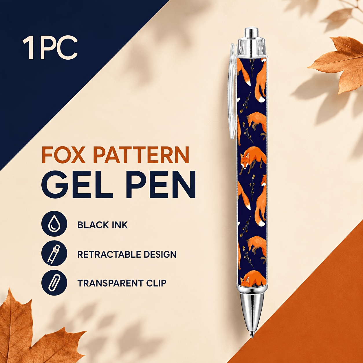 TEMU 1pc Fox Pattern Gel Pen, Black Ink Retractable Writing Pen With Transparent Clip, Woodland Animal Stationery For Journaling, Office Notes &