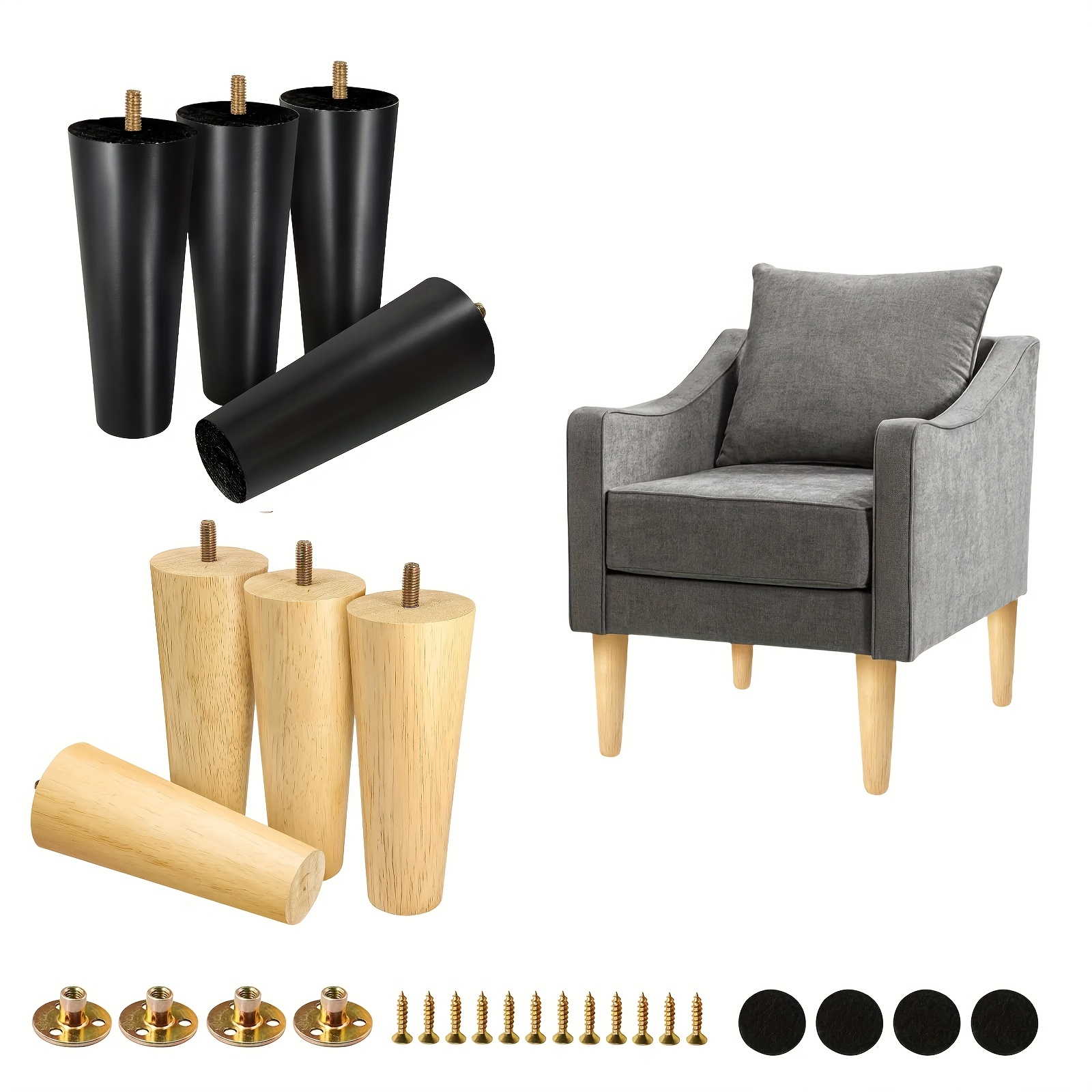 4pcs Straight Tapered Furniture Legs with 4 Nuts, 4 Pads and 12 Screws,  Wood Furniture Feet Legs Replacement for Cabinet Sofa Couch Dresser Chair, image size:1600x1600