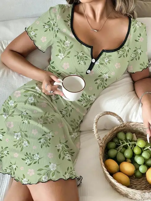 Women'S Floral * Print Nightgown Ribbed Short Sleeve Pajamas And * Women'S Floral * Print Nightgown Ribbed Short Sleeve Pajamas And *