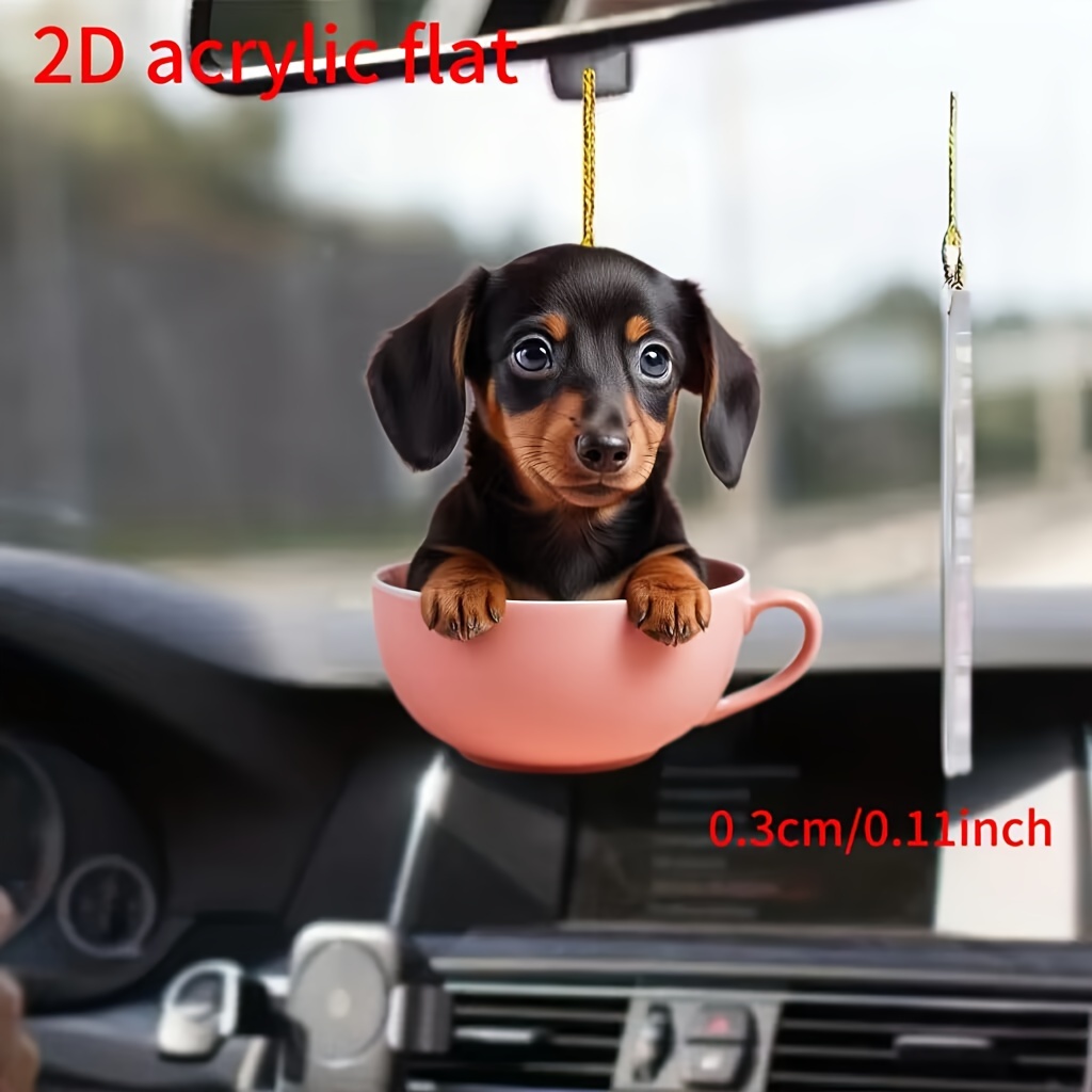 

1pc Acrylic Dachshund In Tea Cup Hanging Car Mirror Ornament, Sausage Dog Rearview Accessory, Keychain Backpack Pendant, Party Decoration Supplies