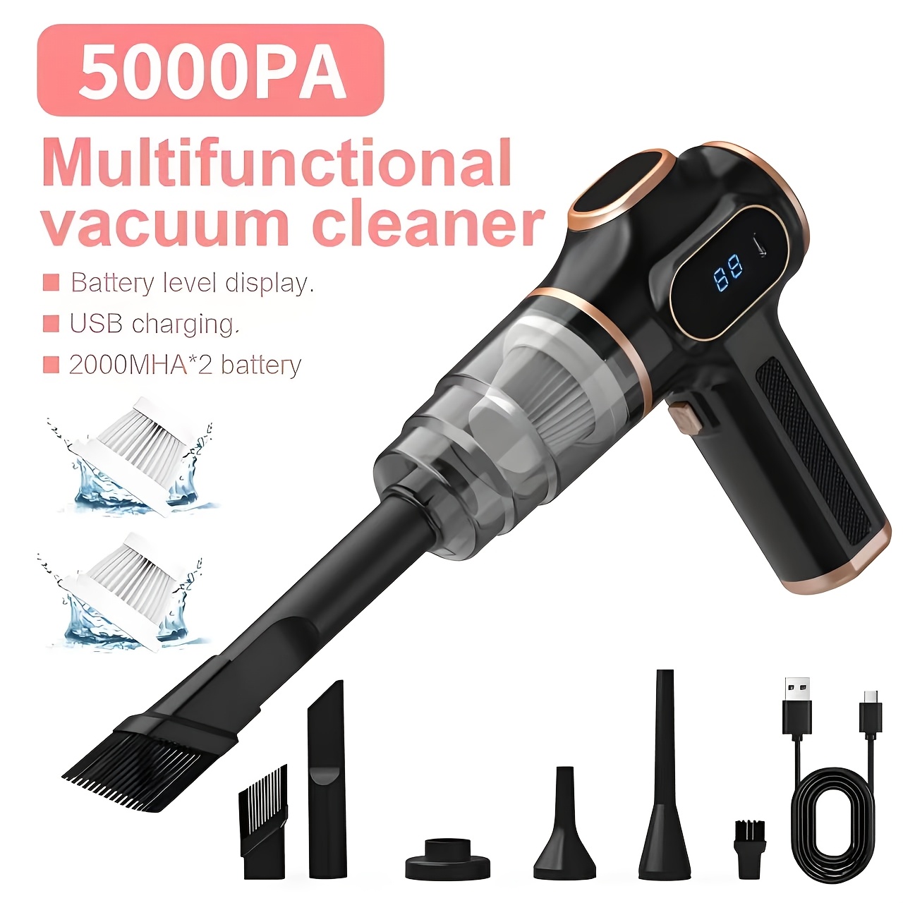 TEMU Portable Car Vacuum Cleaner, Rechargeable Handheld Car Vacuum, Portable Handheld Vacuum, Car Vacuum, 1500*2 High-capacity Dual Batteries, 5kpa ,