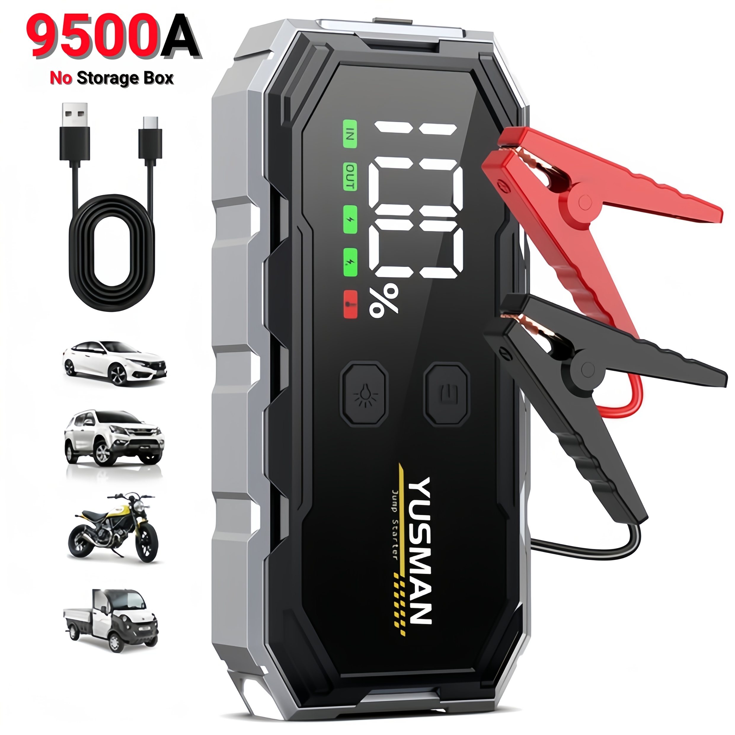 TEMU 10000a/9500a Car Jump Starter, 12v Portable Battery Booster For All Gasoline/10l Vehicles, Qc3.0 Fast Charging, Lcd Screen, Led Emergency Light,