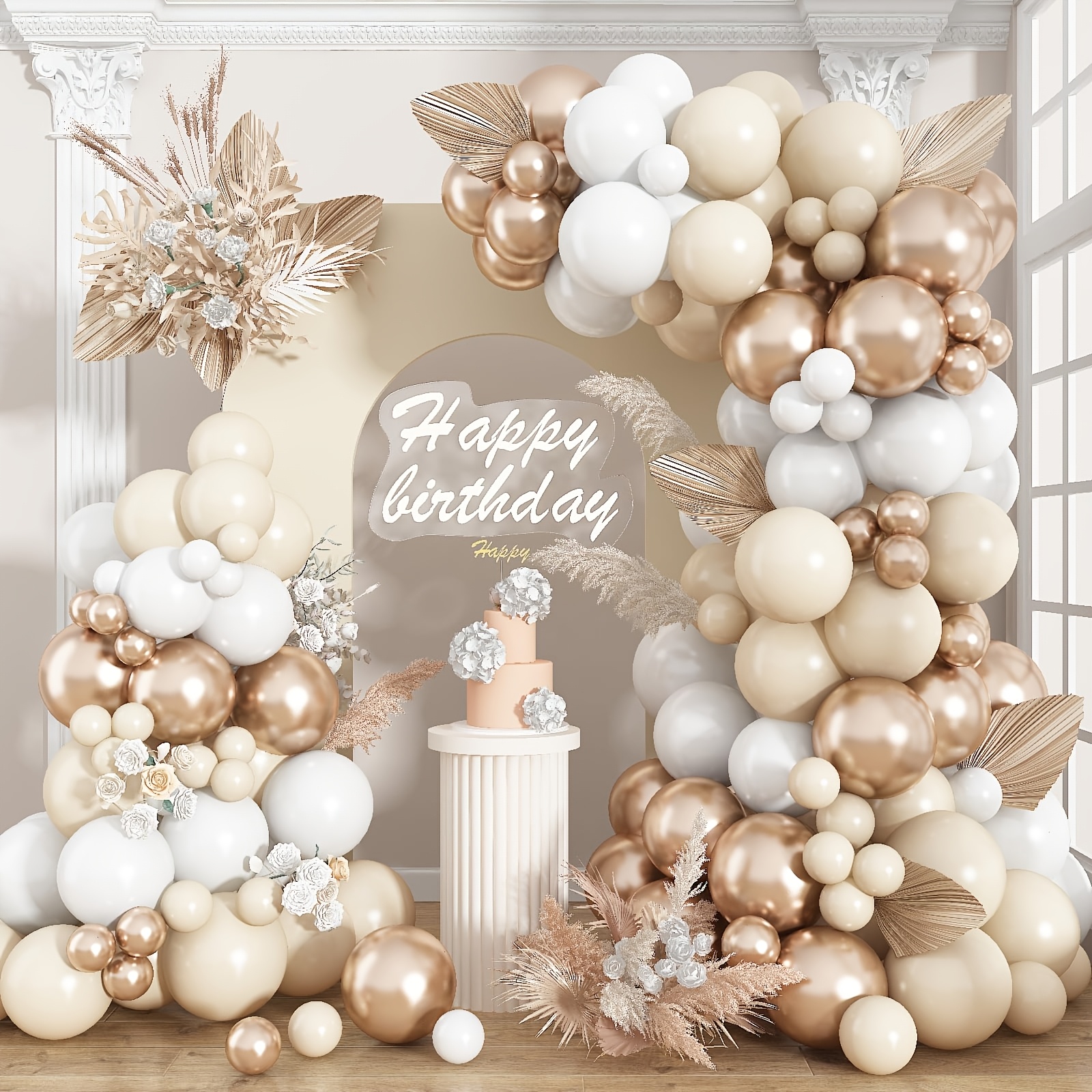 Image of 142pcs Bohemian Balloon Garland Kit, Golden & Sand White & Milky White Latex Balloons With Accessories For Wedding Engagement Birthday Party Shower Gender Reveal Decorations