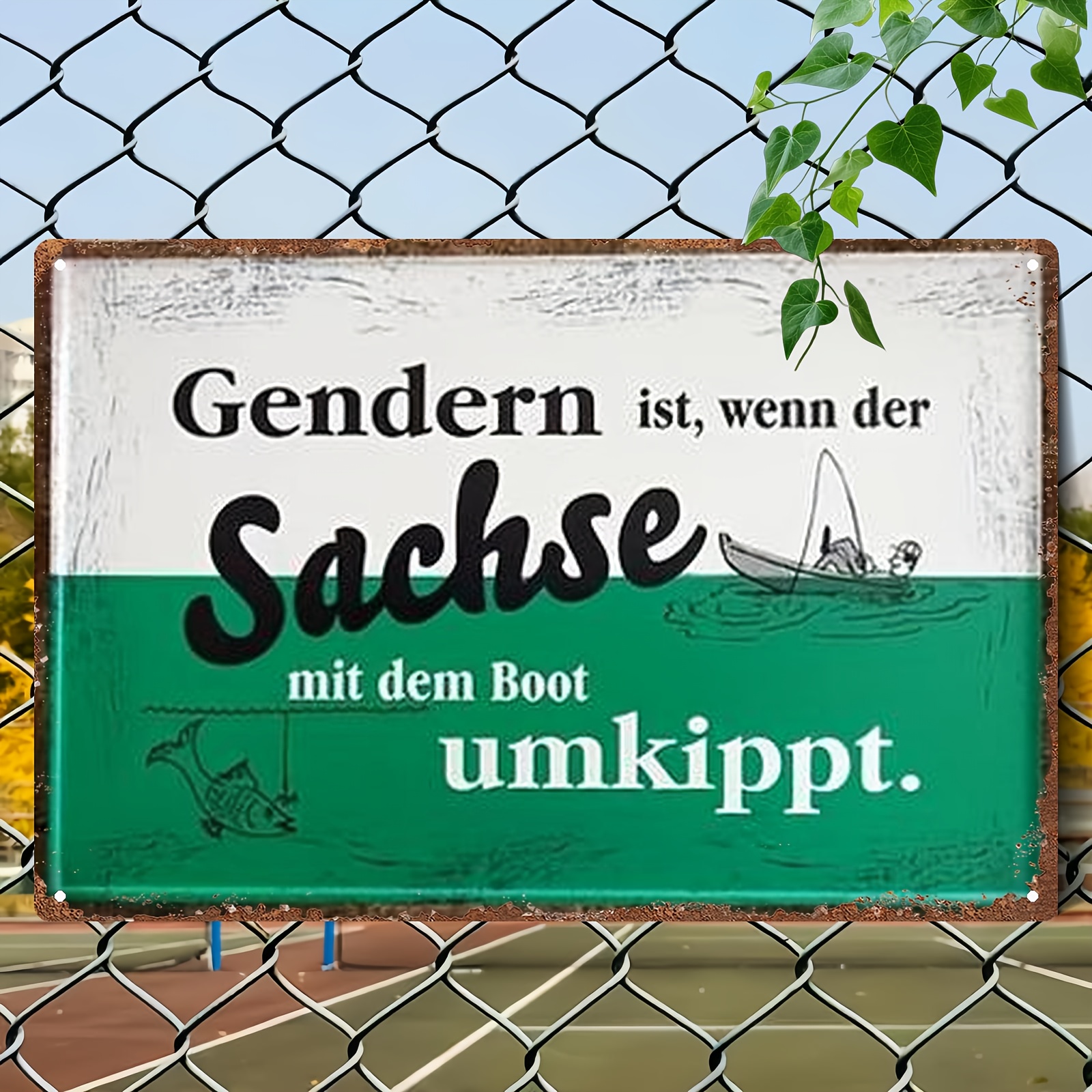 TEMU 2D Flach, 1 Stück Metallschild, Vintage Deutscher Spruch Metall Wanddekoration - "Geschlecht ist, wenn die Sachsen mit dem Stiefel" - Rustikales