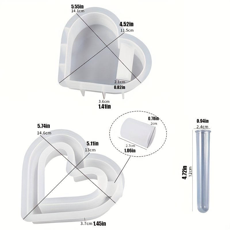 Image of 3pcs Silicone Resin Casting Mold Set With 1pc Transparent Plastic Test Tube - Heart-shaped Vase & Candle Holder Molds Kit For Resin, Plaster, Concrete - Crafts & Home Decor Casting Tools