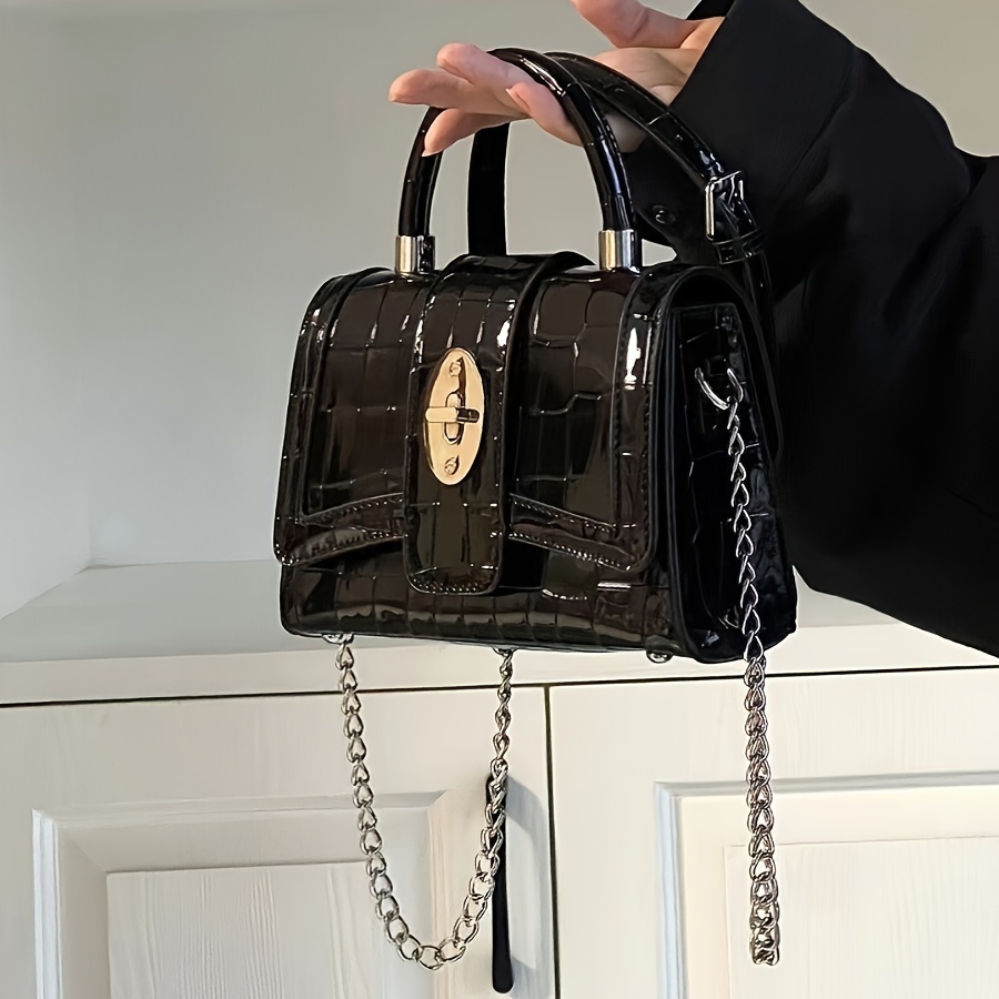 

Women's Fashion Chain Strap Motorcycle Bag, Trendy Small Crossbody Shoulder Handbag, Elegant Glossy Pu Bag
