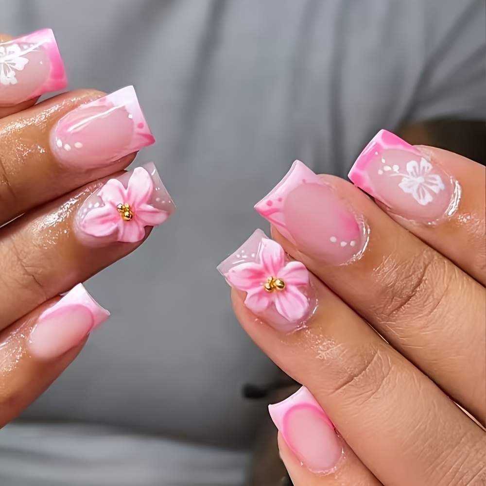 TEMU 24pcs Medium Rectangular Press-on Nails In Cherry Style With Pink-white Gradient. Features A Sheer Nude Base With A Pink-white Gradient Edge,