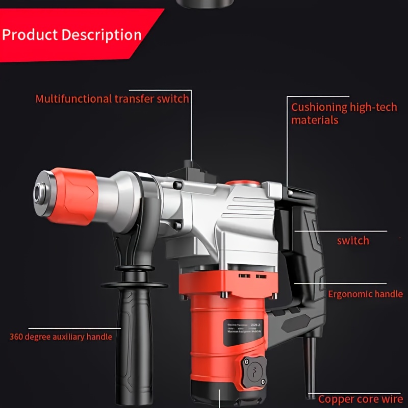 110V Heavy Duty Electric Hammer Drill Wired Electric Drill Industrial Grade Wall Removal Tool, Multi-Function Electric Hammer Impact Drill Rotary Hammer Drill for Concrete - Including Drill Chuck, Drill Bit, Flat Chisel, Pointed Chisel