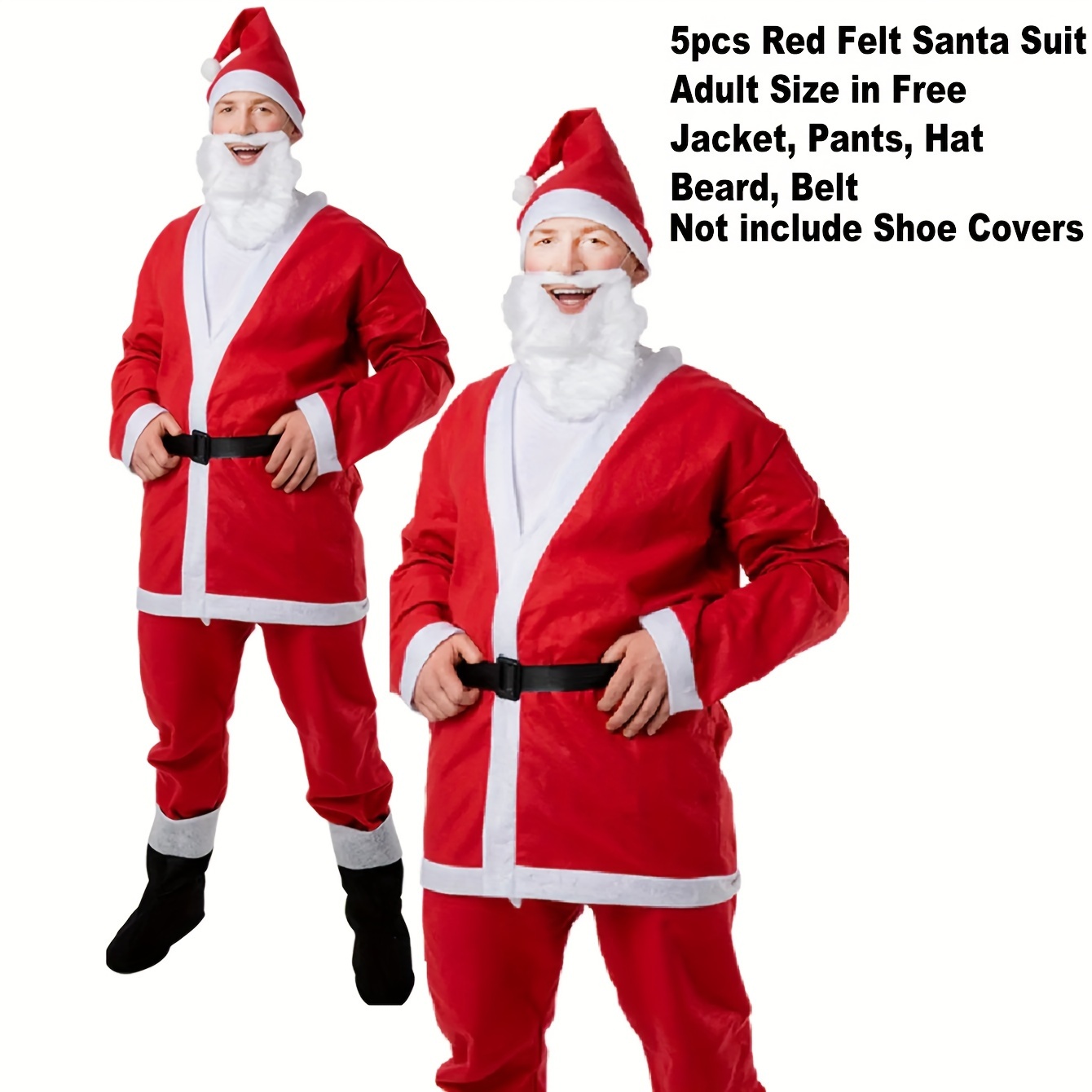 

5pcs/set, Adult Size Free Red Felt Santa Suits, Disposable Non Woven Men Santa Claus Costume, Jacket Pants Hat Beard Belt, Santa Outfits Christmas Holiday Decorations Santa Events Party