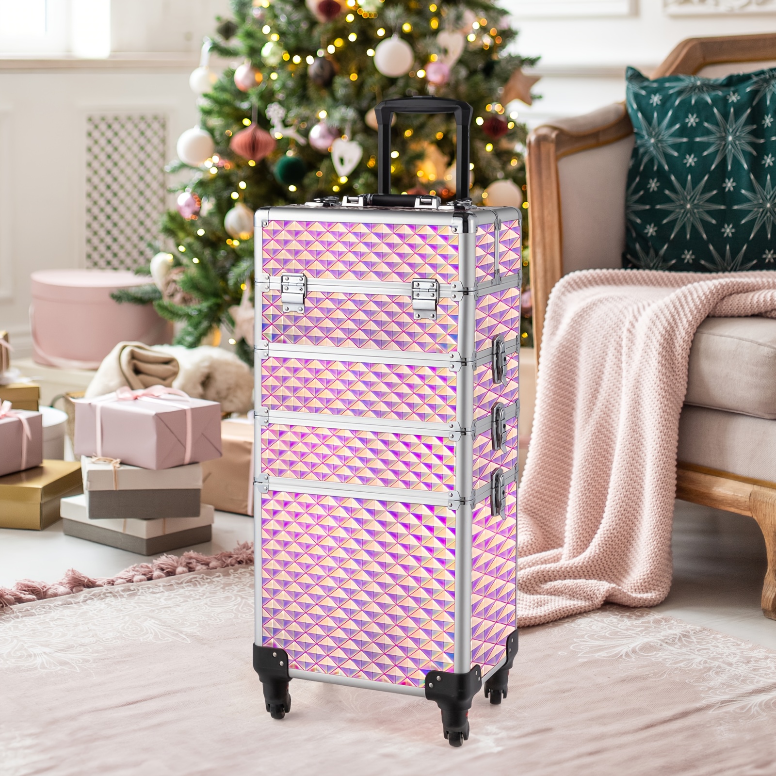 TEMU Makeup Case, Portable Makeup Train Case Jewelry Box Cosmetic Organizer With Mirror, Aluminum Alloy Storage Case, Large-capacity Professional