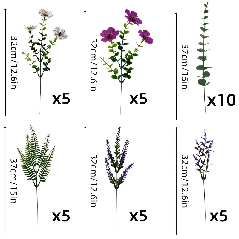 Image of 35pcs Elegant Lavender, Violet, Fern, Eucalyptus Branch And Other , -themed Outdoor Artificial Flower Bouquet - Uv-resistant, Fade-proof Artificial Greenery With Purple And White Flowers And