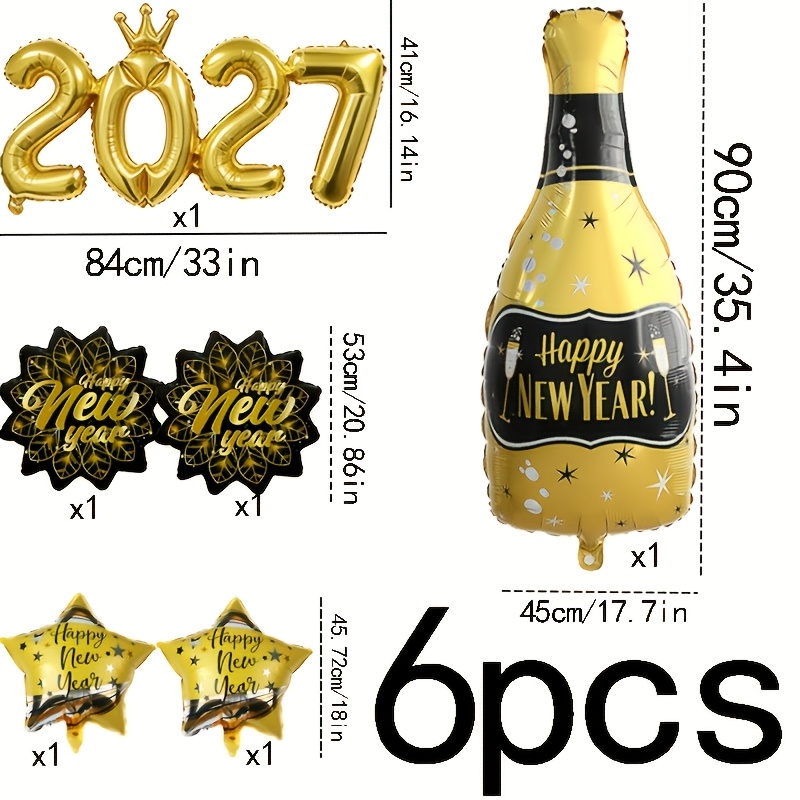TEMU 6pcs- 2027 With Small Crown Full Body Number, New Year Black Golden Bottle, English Happy New Year Snowflake-shaped Balloon, English Happy New