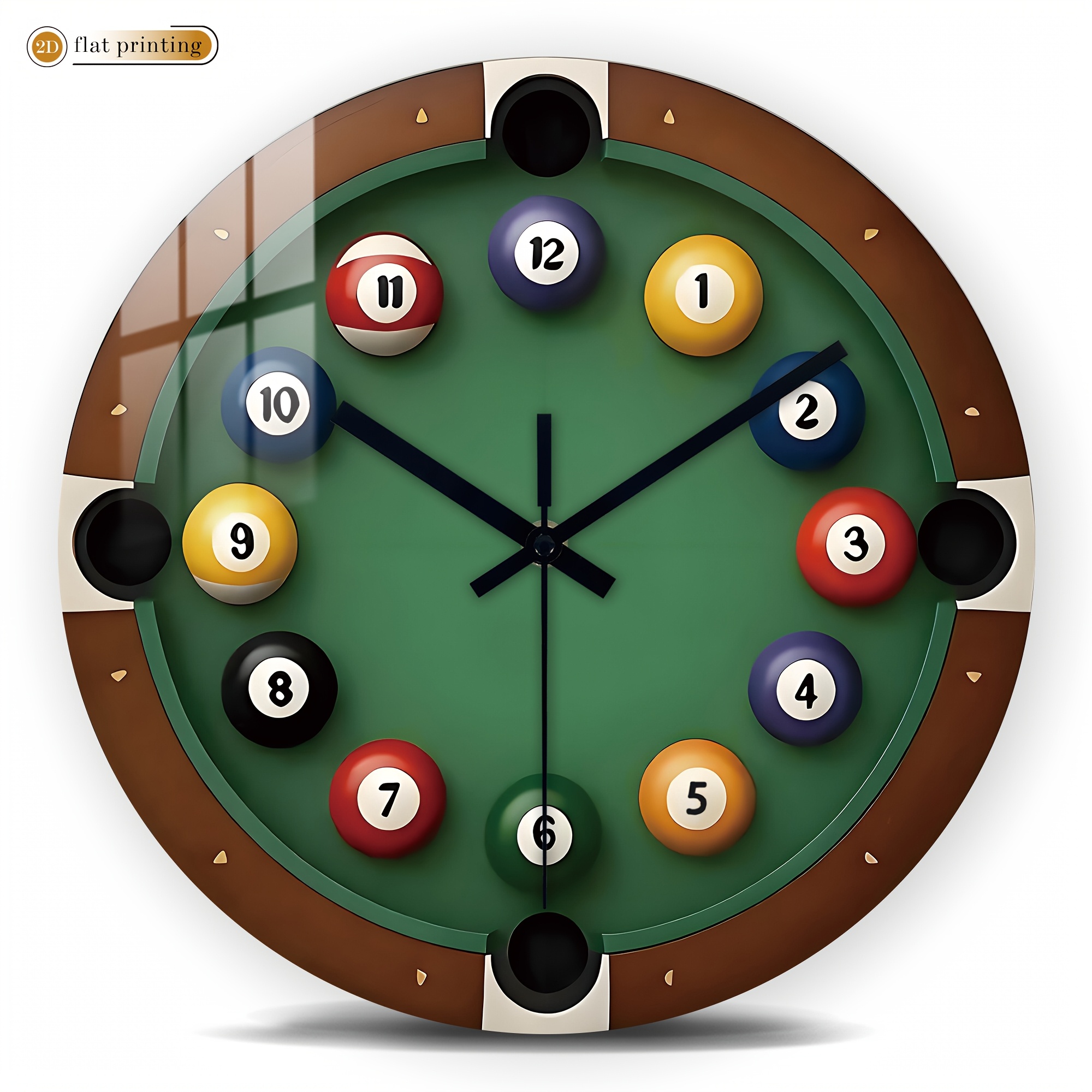 TEMU 1 Wooden Crystal Ceramic Silent Wall Clock | 2d Printed Sports Theme Billiards Pattern, Round Design, Suitable For Living Room, Game Room, Home