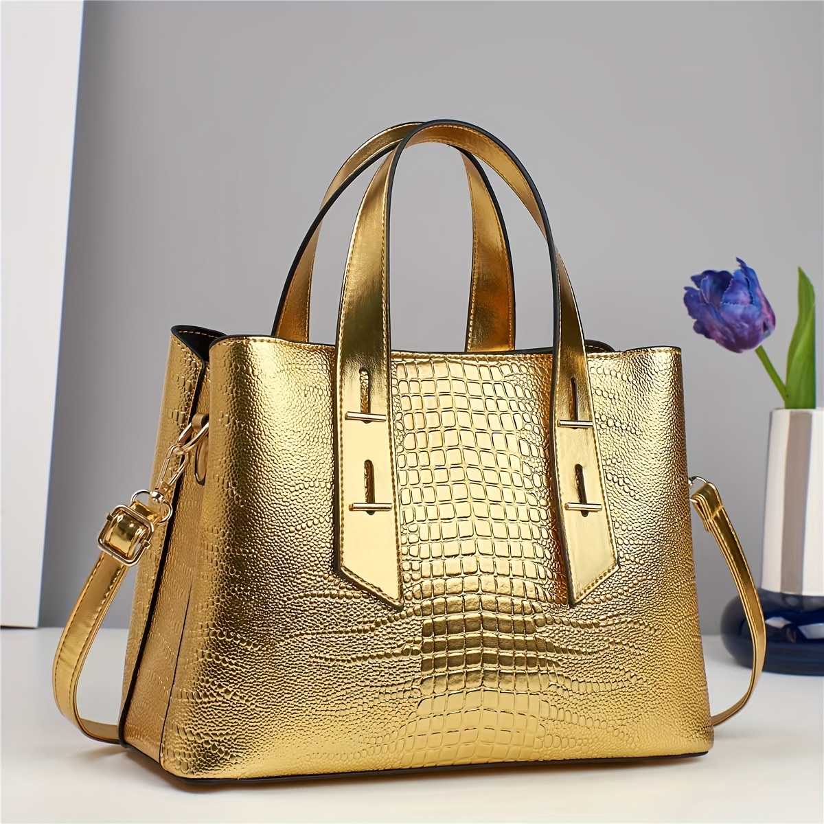 

Elegant Golden Crocodile Pattern Tote Bag For Women - Luxurious Large Capacity Handbag With Adjustable Strap, Zip Closure, And , Work &