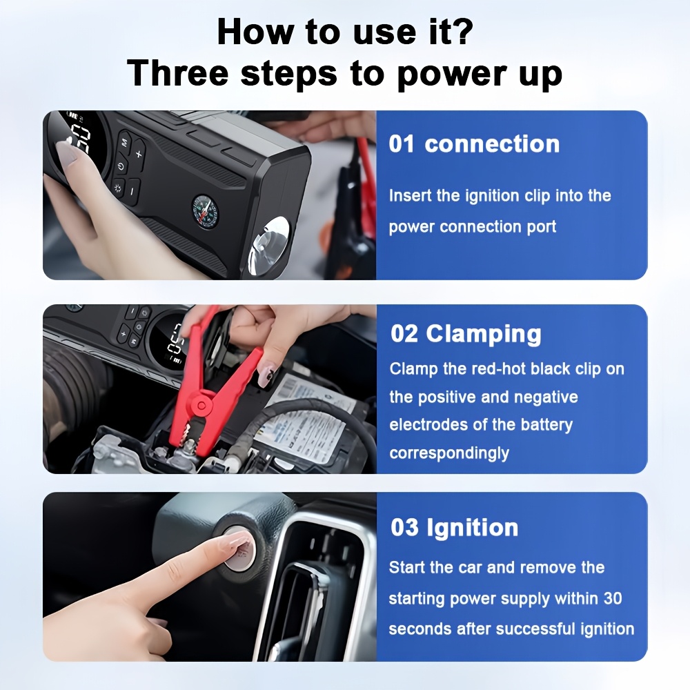 5 in 1 portable car jump starter kit with air compressor tire inflator led flashlight power bank 3   flashlight lcd display wireless emergency battery charger for on the go   Product details 3