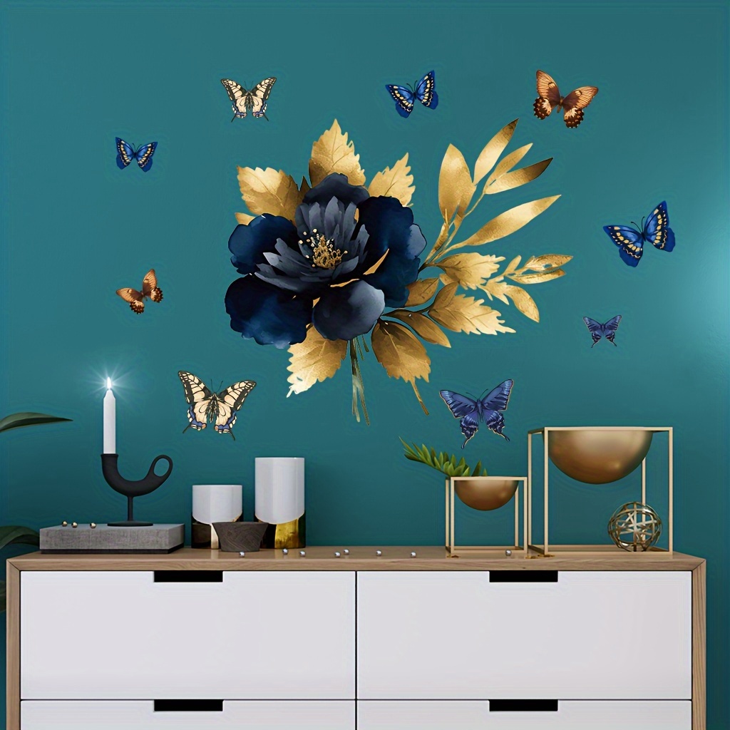 

1pc Blue Mandala Flowers Gold Leaves Butterfly Surround Decorative Wall Sticker, Removable Pvc Material Wall Sticker, Suitable For Kitchen Wall Sticker