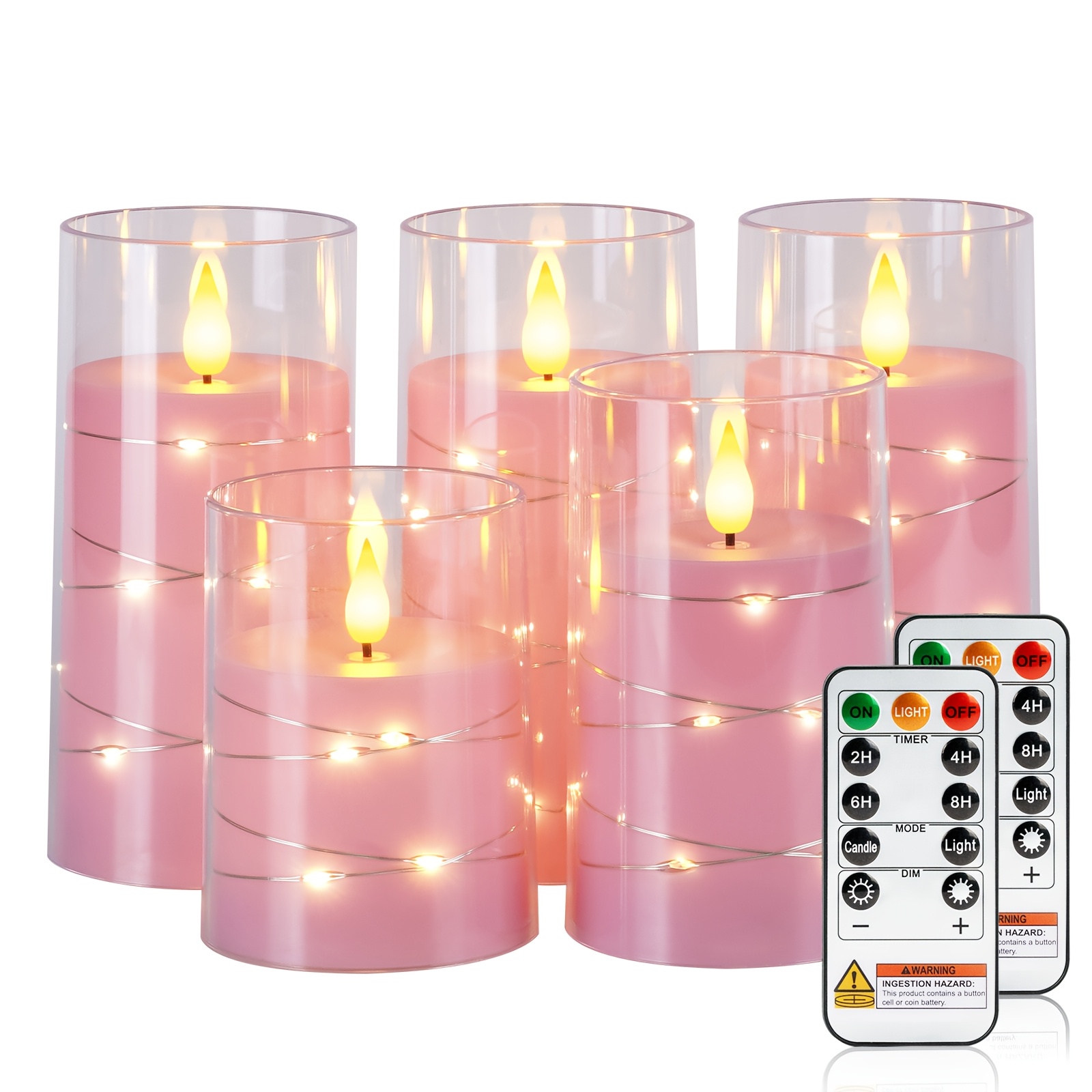 TEMU 5pcs Flickering Flameless Candles With String Lights, Battery Operated Candles, Embedded String Lights Led Candles, Candle With Remote, Pink,