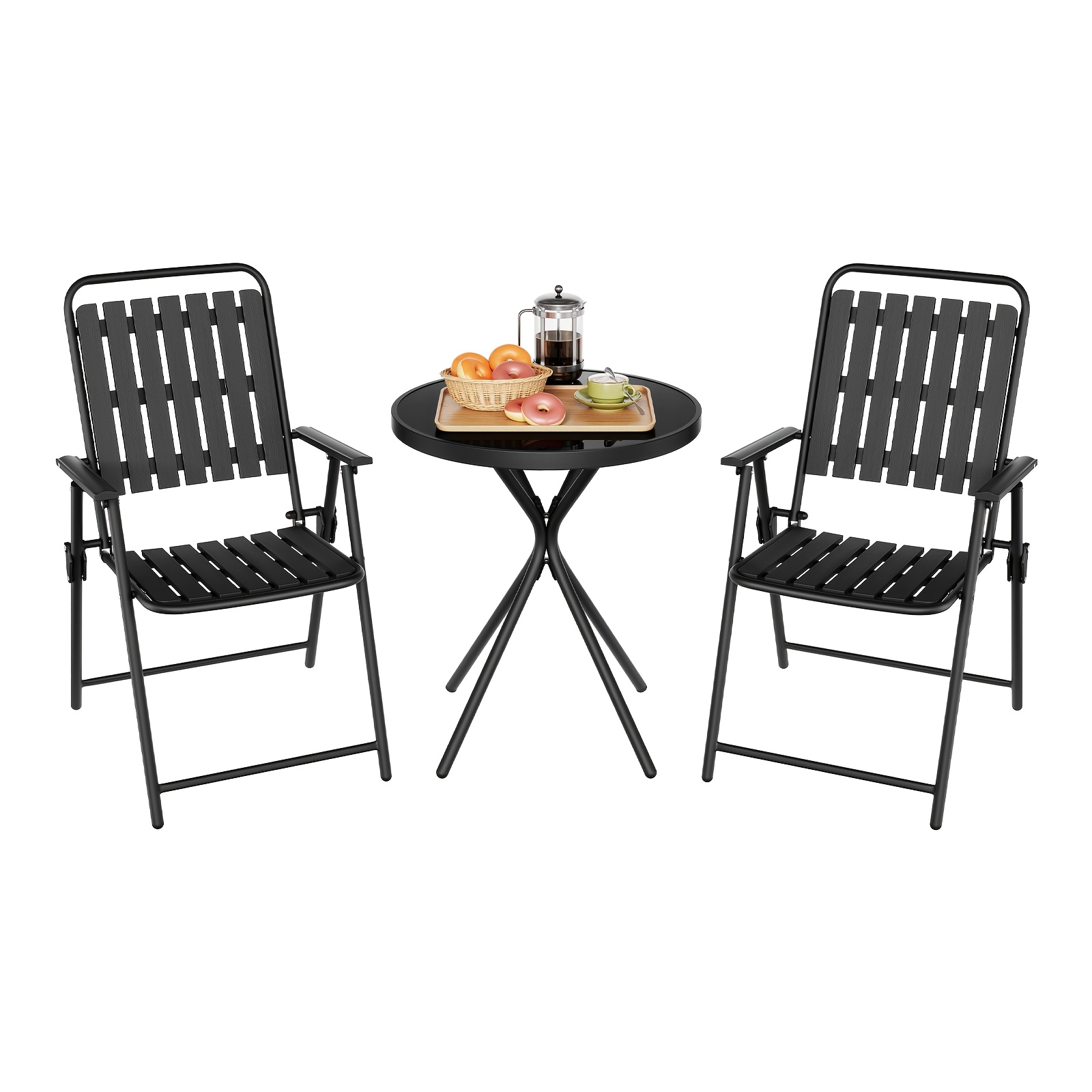 Image of 3pcs Garden Dining Set, Patio Furniture Set, Garden Furniture Set, Small Dining Table With 2 Foldable Dining Chairs, Metal Frame, Balcony Furniture, Suitable For Terrace, Garden, Patio, Camping, Black