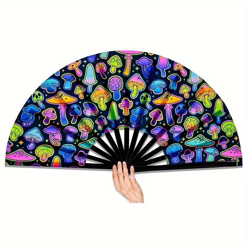 

Rave 13" Bamboo Folding Hand Fan With Mushroom Design - Perfect For Men & Women, Party-ready