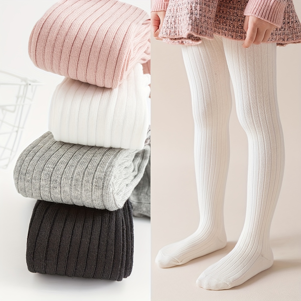 1 Pair Girls' Spring/Fall Tights - Solid Color Ribbed Knit Leggings with Elastic Waistband, Breathable Nylon & Spandex Blend for Dresses, Casual Attire, Hand Wash Only, Cute Tights, Dress Companion, Minimalist Style, Soft Texture