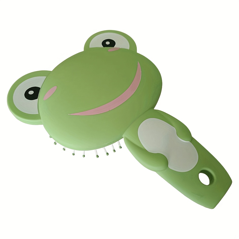 Image of Cute Cartoon Frog Hair Brush - Gentle Scalp Massage, Durable Abs Plastic Handle, Normal Hair Type, Finishing Comb With Stiff Bristles, Design, Or Pigtails, Cute Style