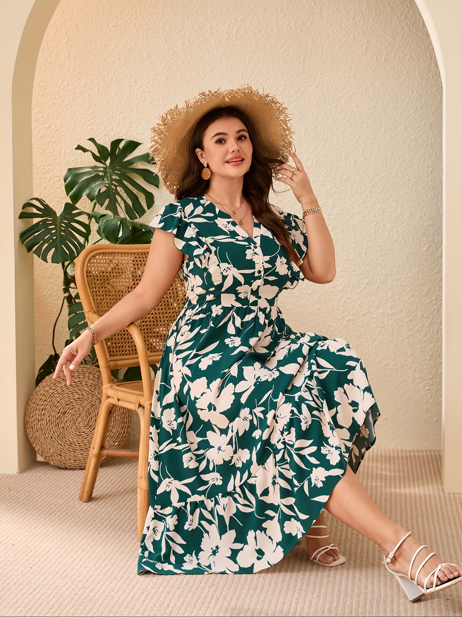 women plus size maxi dress v neck button ruffle sleeve - Temu