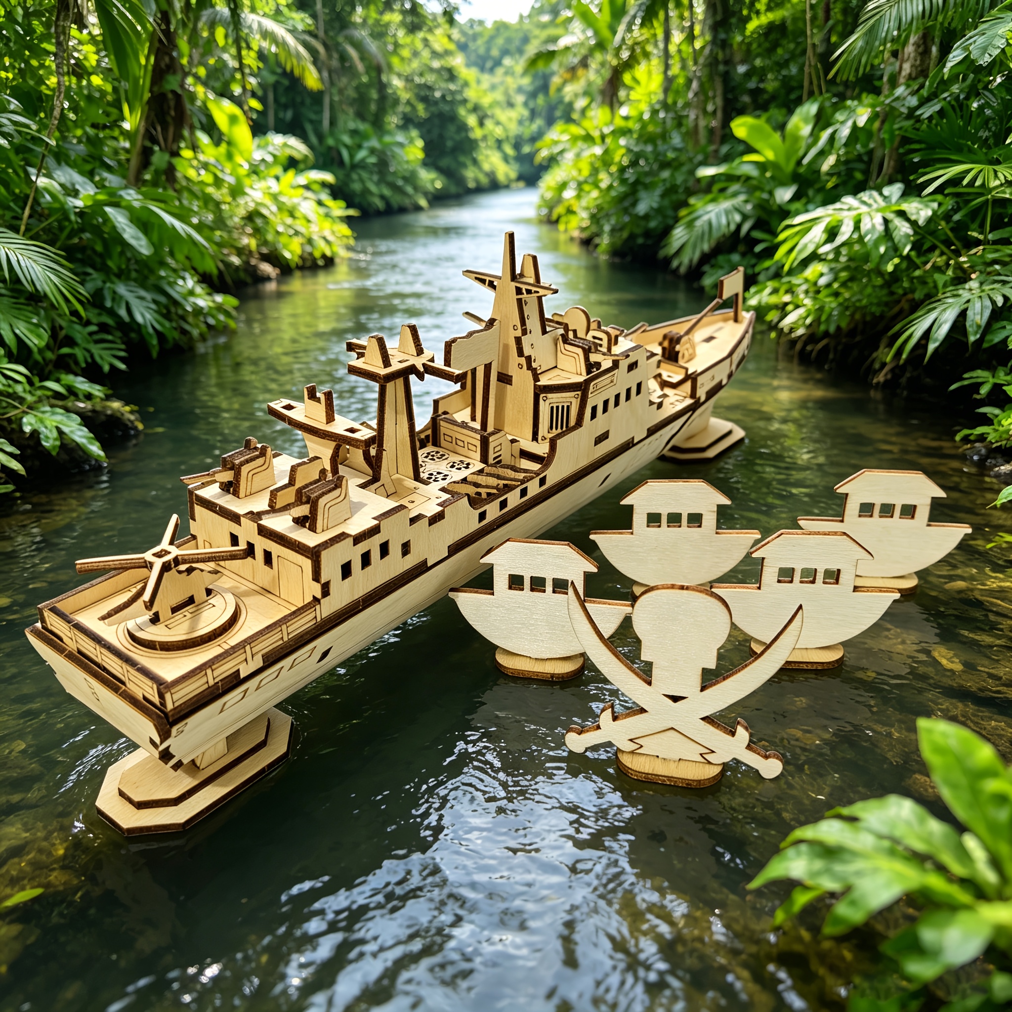 3D Wooden Ship Puzzle Assembly Set, Featuring Boat and Pirate Skull Figurines