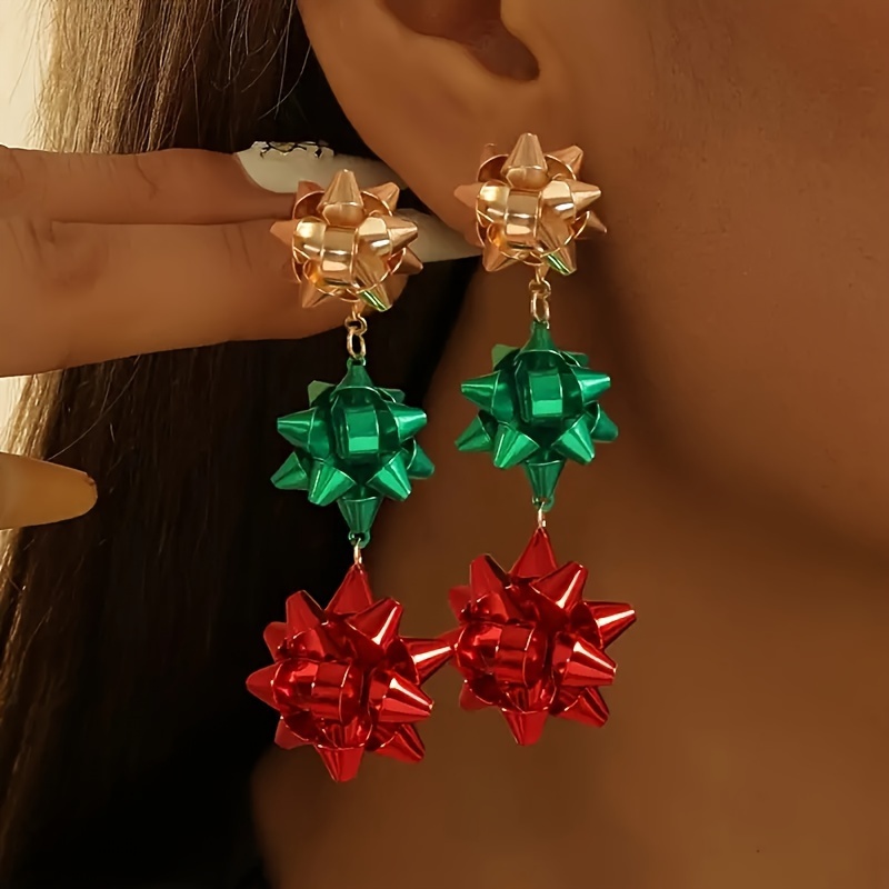 

Christmas Bow Drop & Dangle Earrings, Alloy Long Vintage Flower Ear , Cute Uv Plated Non-mosaic Seasonal Jewelry For Festival Celebrations, Holiday - 1 Pair