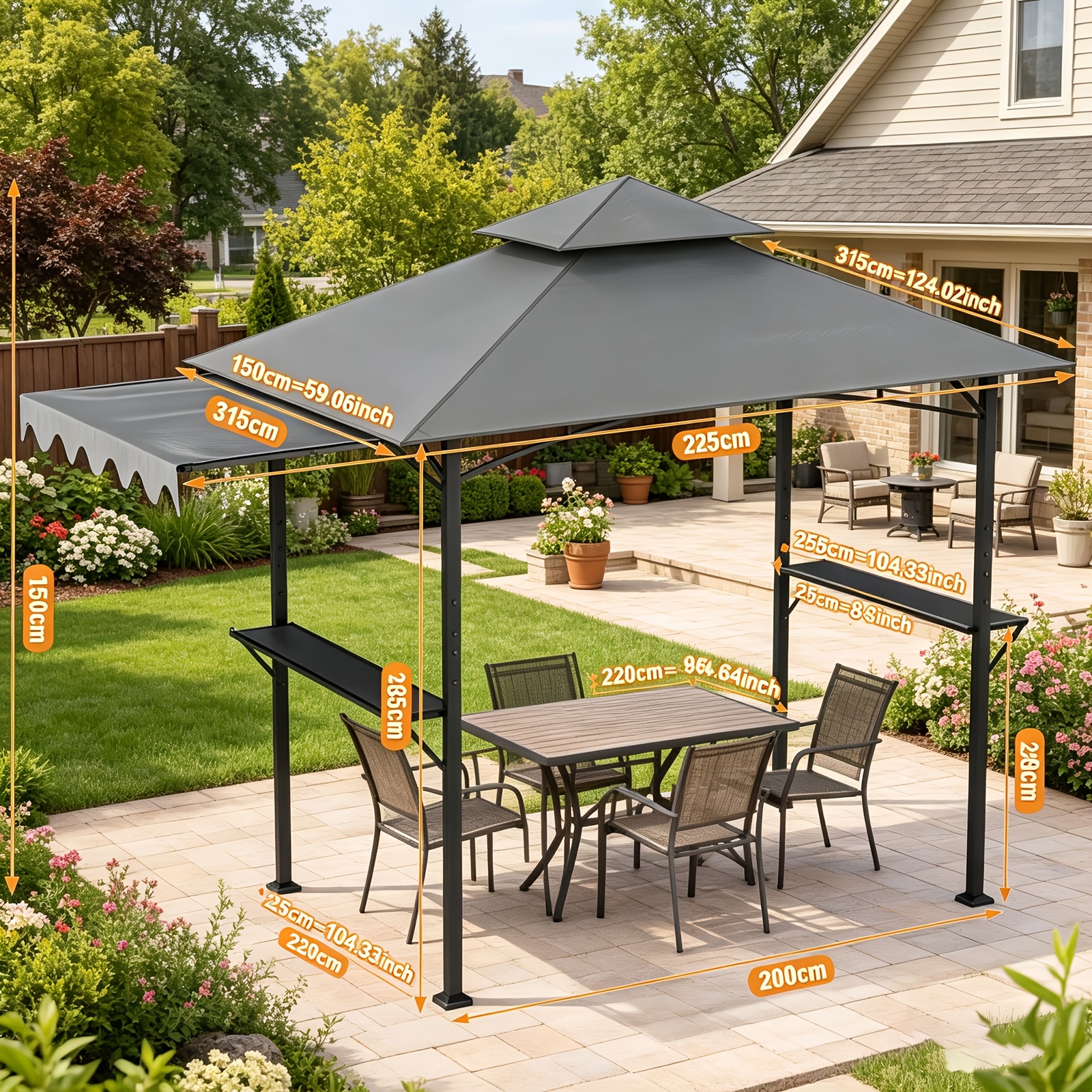 244x151x260cm Outdoor Bbq Grill Gazebo, Double Tier Roof Heavy Duty Barbecue Shelter With Double-sided Mesh Storage Racks & Hooks, Sun Shade Canopy For Patio Garden Backyard Camping Barbecues