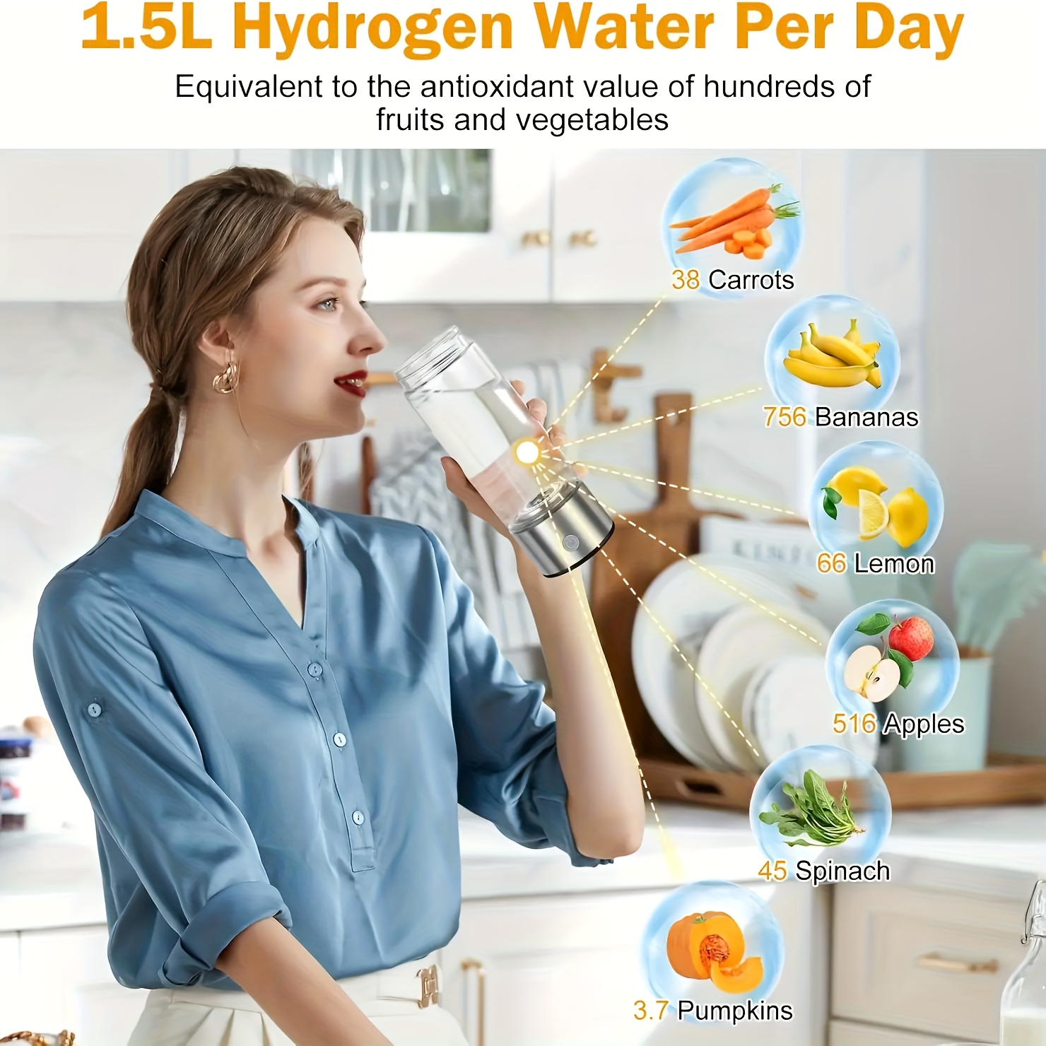 Eau Hydrogénée Machine,1500 mL Gourde Hydrogene USB Bouteille à Eau Hydrogénée Ioniseur Portable Cadeau pour la Maison Bureau - Sport