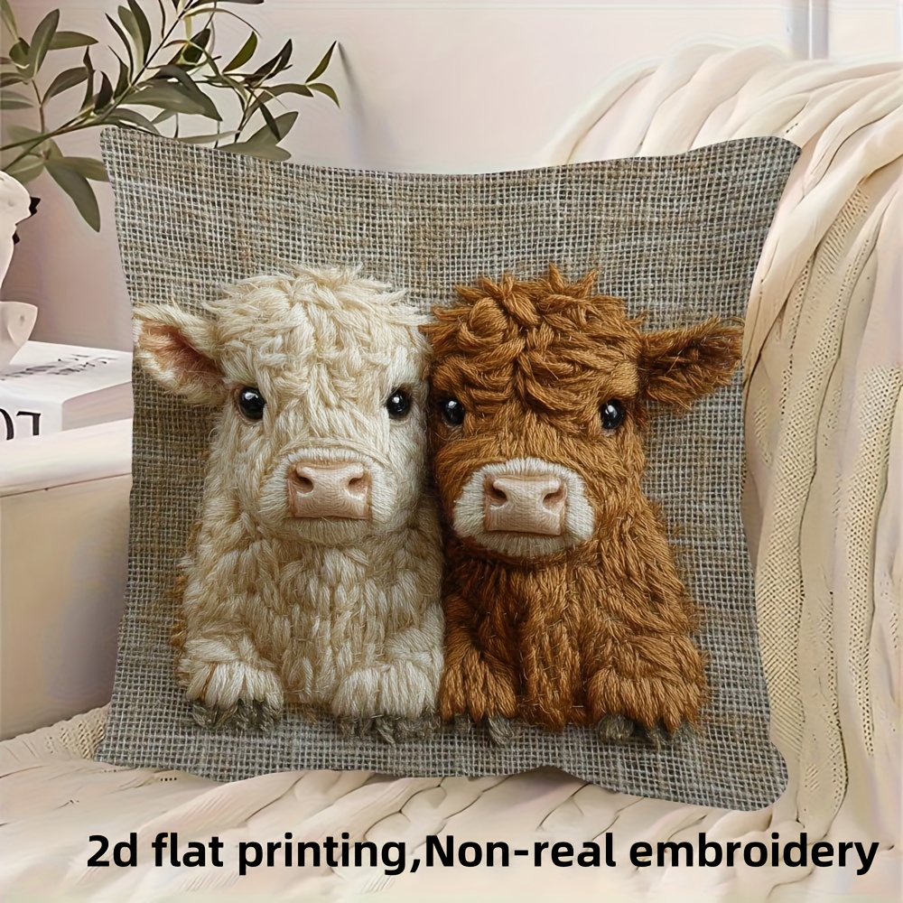 TEMU 2d Flat Printing, 1pc Highland Cow Pillow Cover, Soft And Smooth Polyester Fleece Fabric, Single-sided Printed Pattern, Non-real Embroidery,