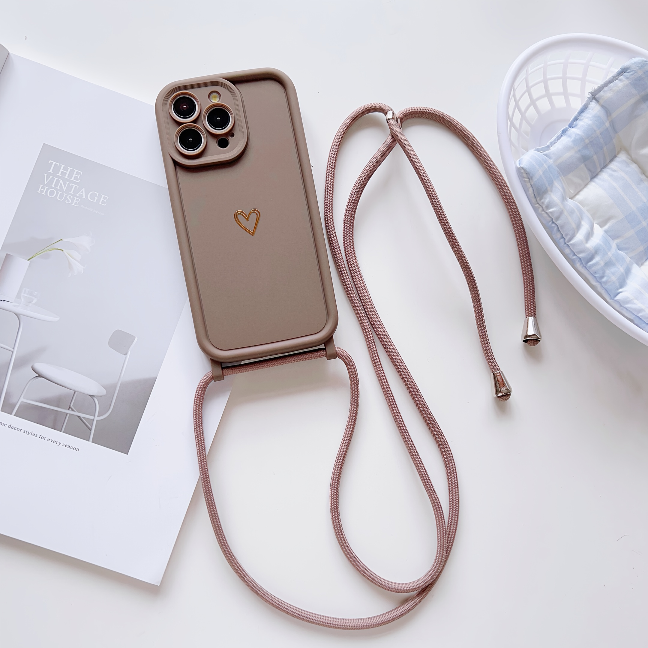 TEMU Phone Case - Korean Style Easy Heart Hot Stamping -one Lanyard Phone Case Suitable For Iphone 14/15pro/16promax Crossbody Strap 13/11/12promax