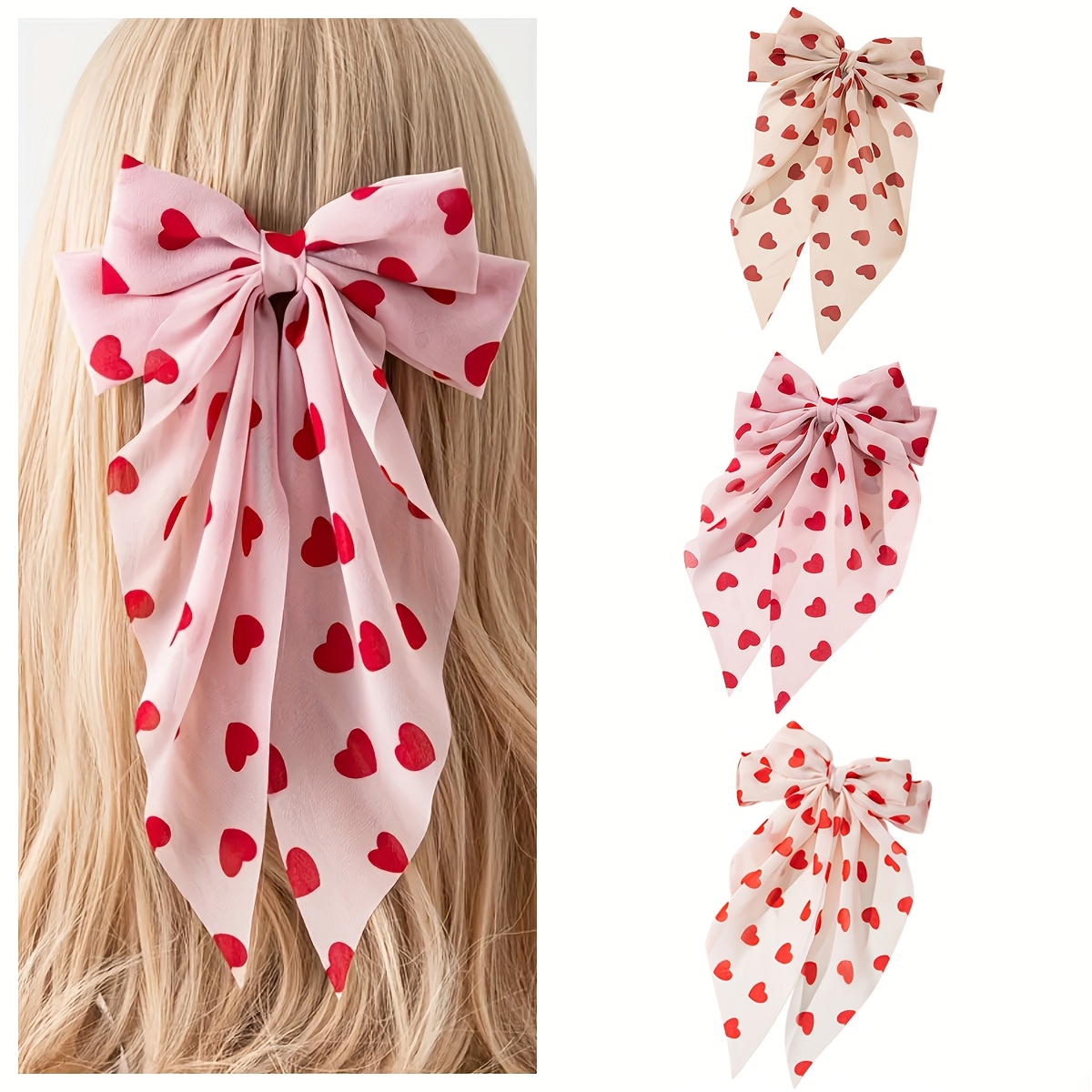 

3pcs/set Valentine's Day Fabric Bow Hair Clips, Heart Print Barrettes, Elegant Ribbon Back Headband, Hair Accessories For Women, Ideal For &