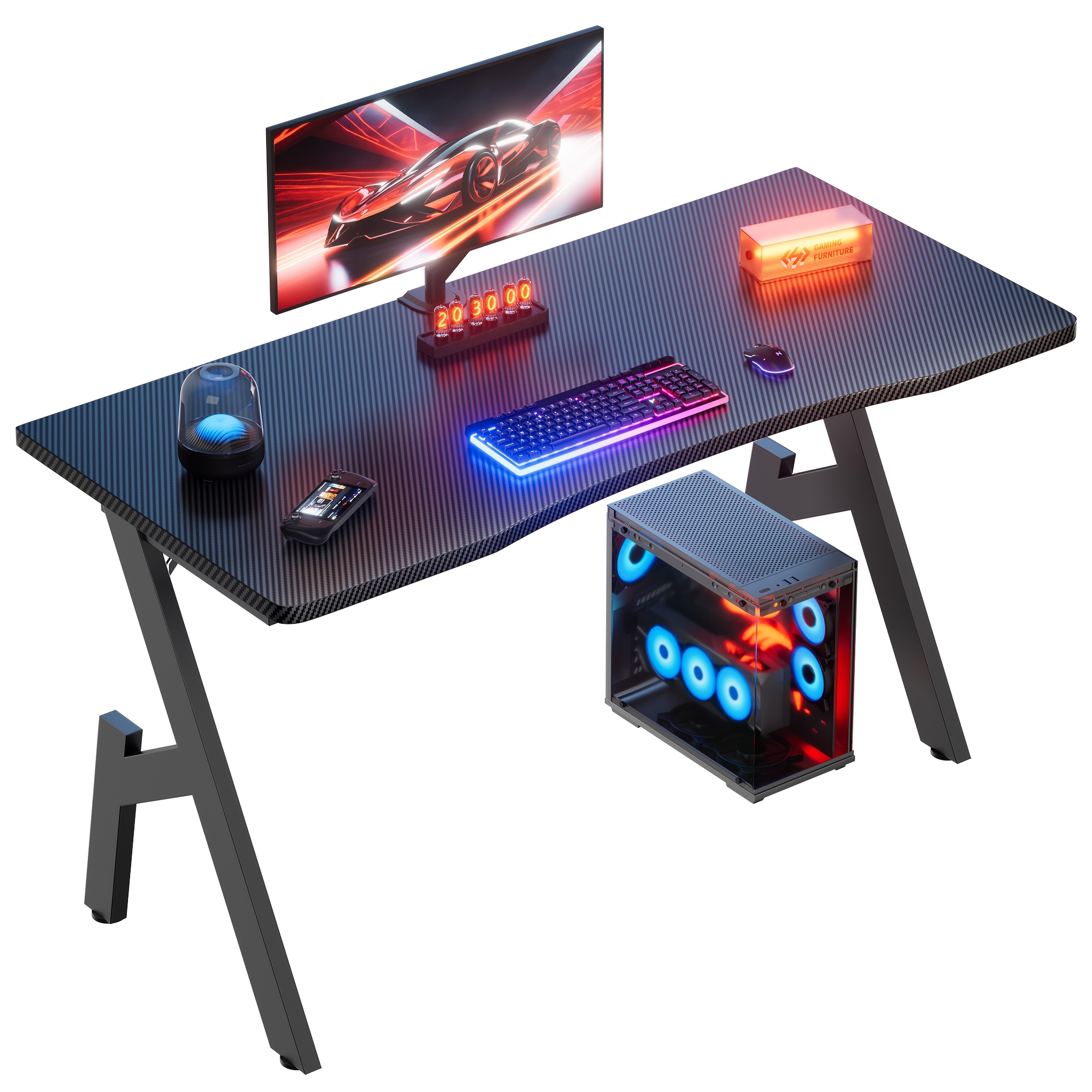 A-shaped Gaming Desk, 80/100/120/140cm Carbon Fibre Gaming Desk, Home Office And Gaming Computer Desk, Ergonomically Curved Design, Heavy-duty , Featuring Cable Grommets, Cup Holder And Headphone Hook