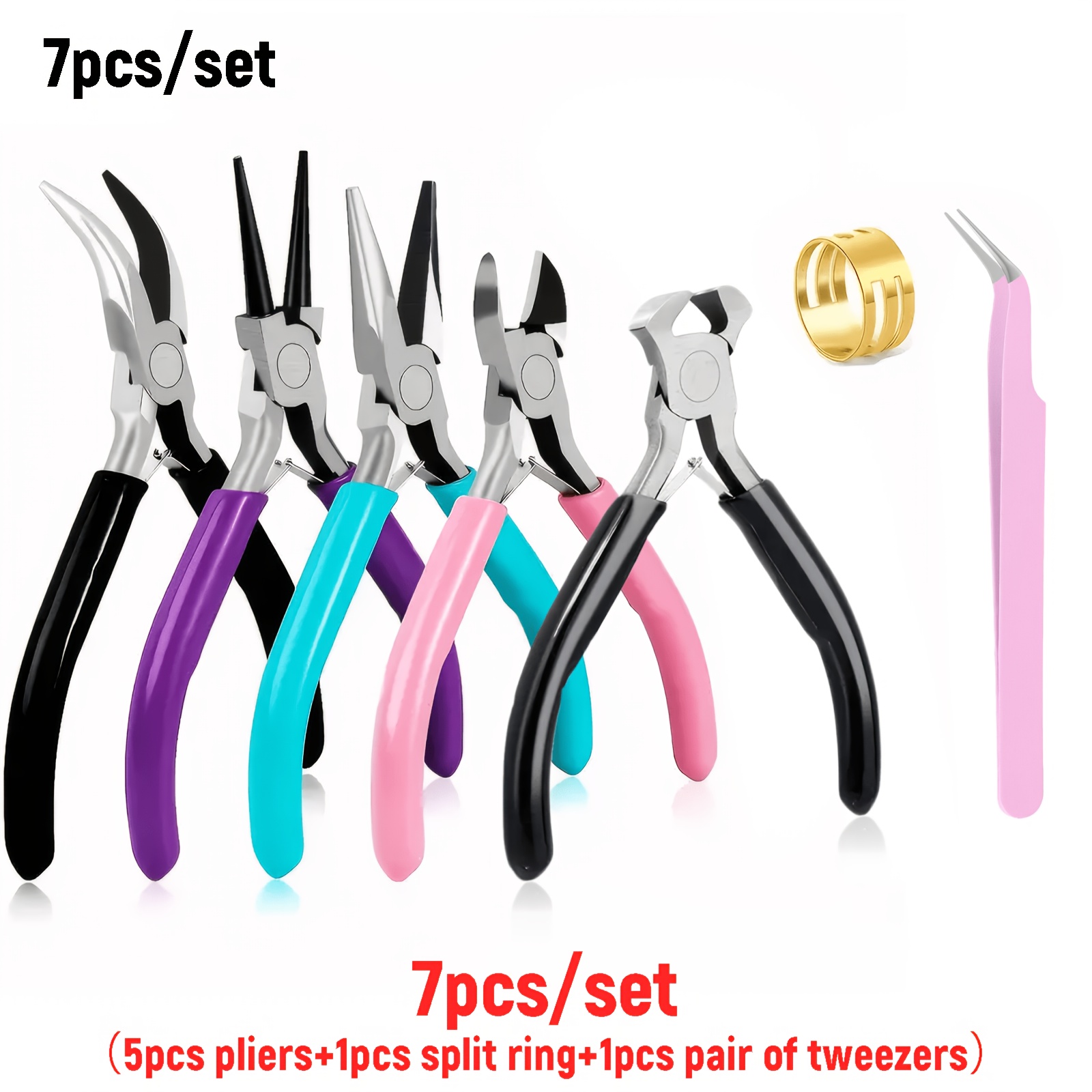 TEMU Ensemble de 7 pièces (5 pinces, 1 anneau fendu et 1 pince à épiler) - Ensemble de pinces pour la fabrication de bijoux - Pince à bec , pince à