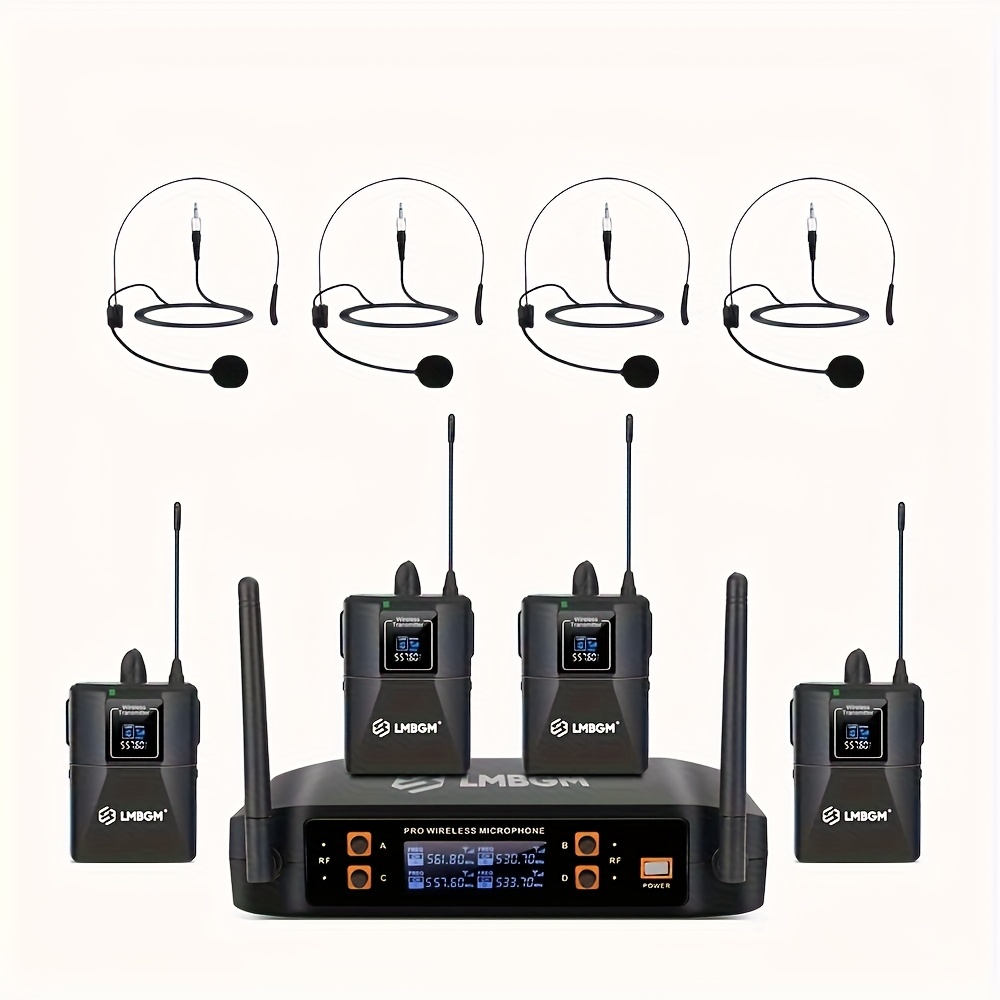 Lmbgm D4 Wireless Microphone System Pro 4 Lavalier Bodypacks 4 Lapel Mic 4 Headsets For Church Conference Wedding Party