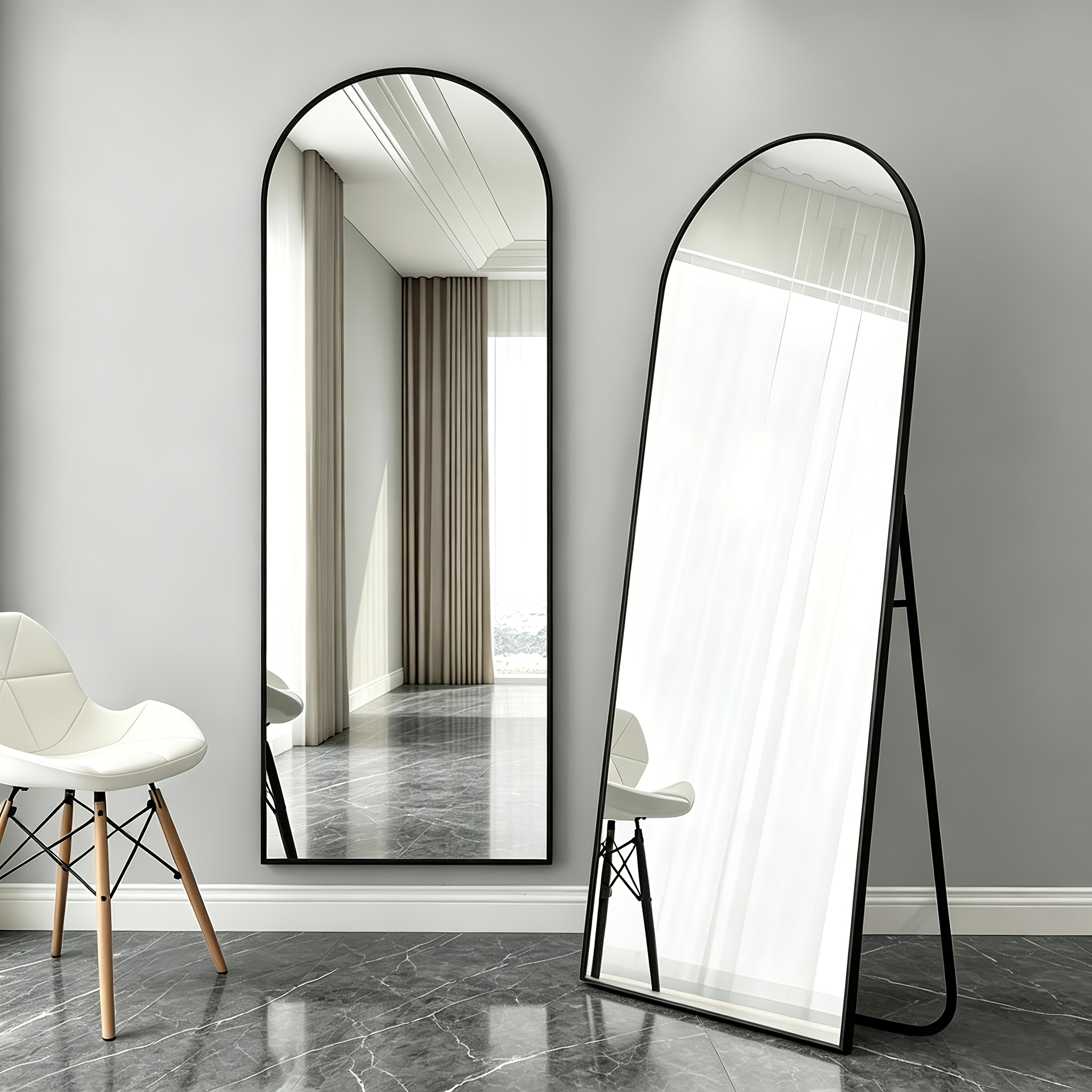 44 X 149cm Arched Full-length Mirror, 4mm Thick Glass, 2cm Overall Thickness, Floor-standing Full-length Mirror, Supports Hanging And Against The Wall, Suitable For Bedrooms And Living Rooms, Black
