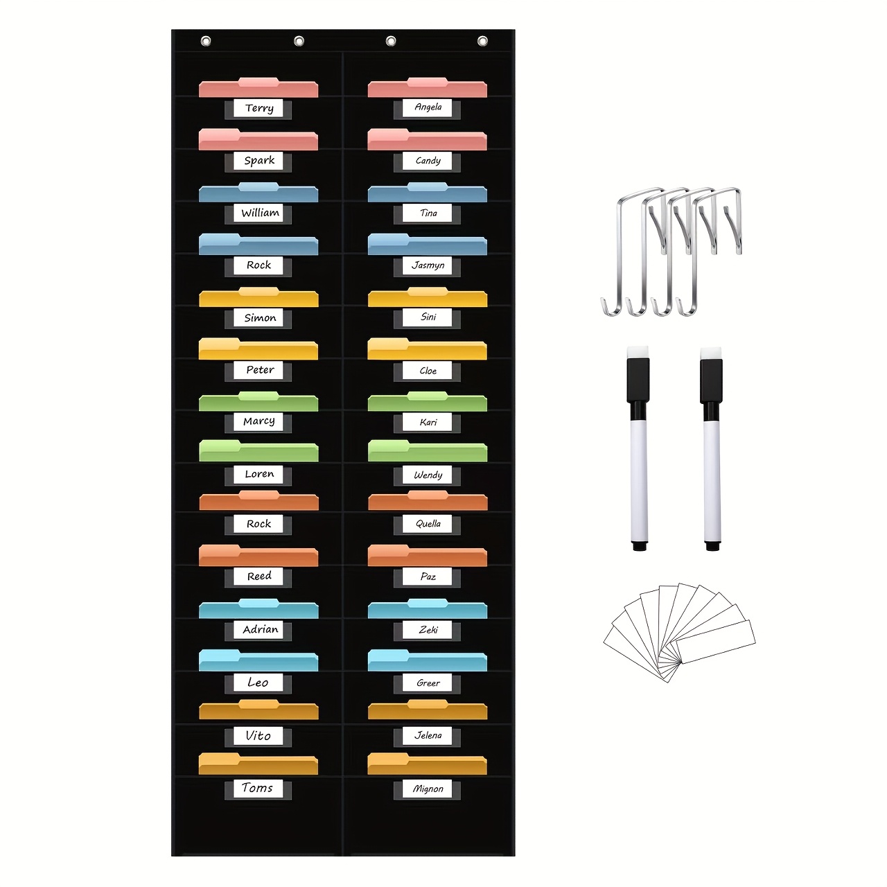 Image of Over-the-door File Organizer Hanging Bag, Wall-mounted Magazine Pouch, Suspended Folder, Suitable For Classroom And Office Wall-mounted File Storage, Stickers, Hooks And Dry Erase Marker